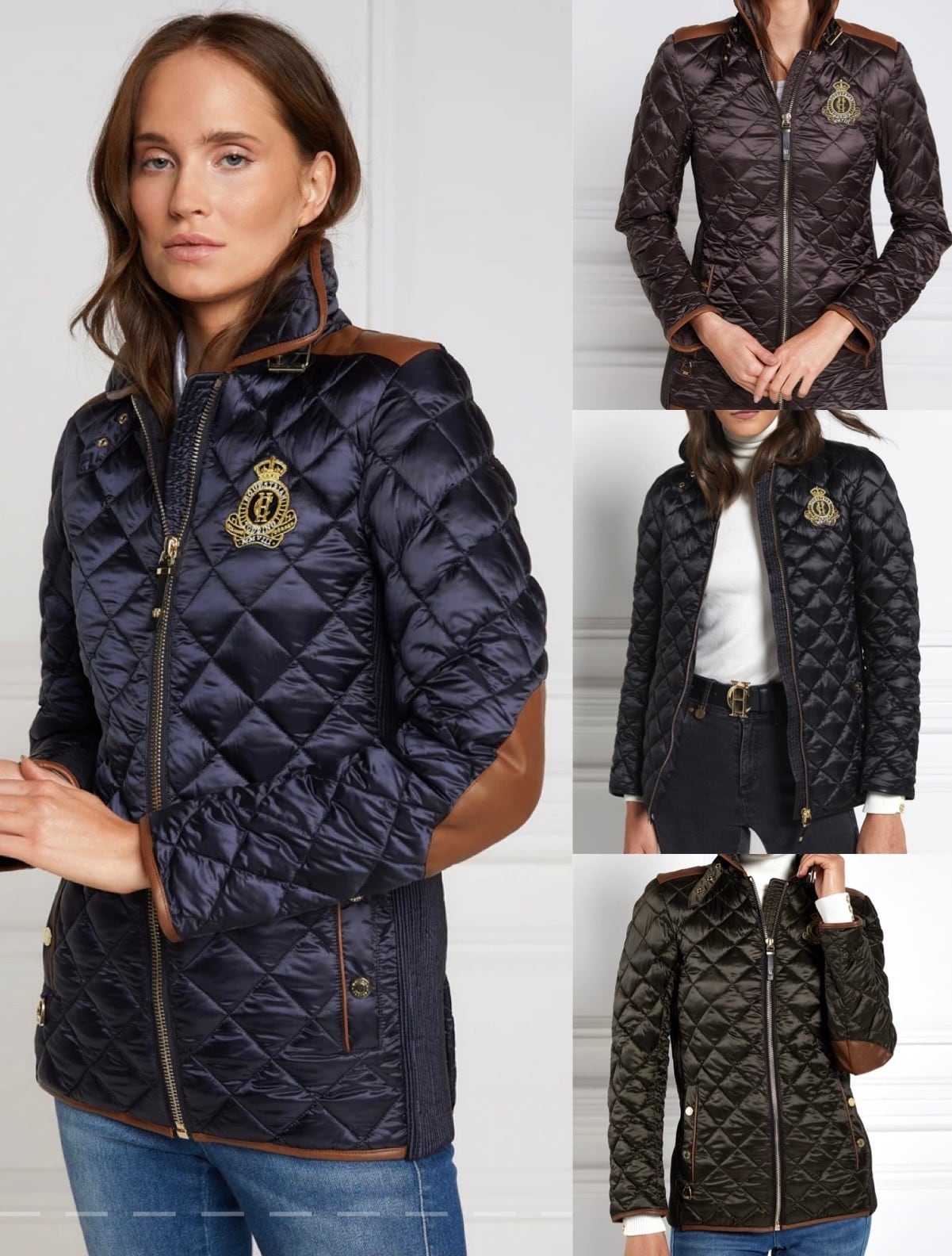 Women's quilted down jacket in black/khaki/dark navy/chocolate by Holland Cooper