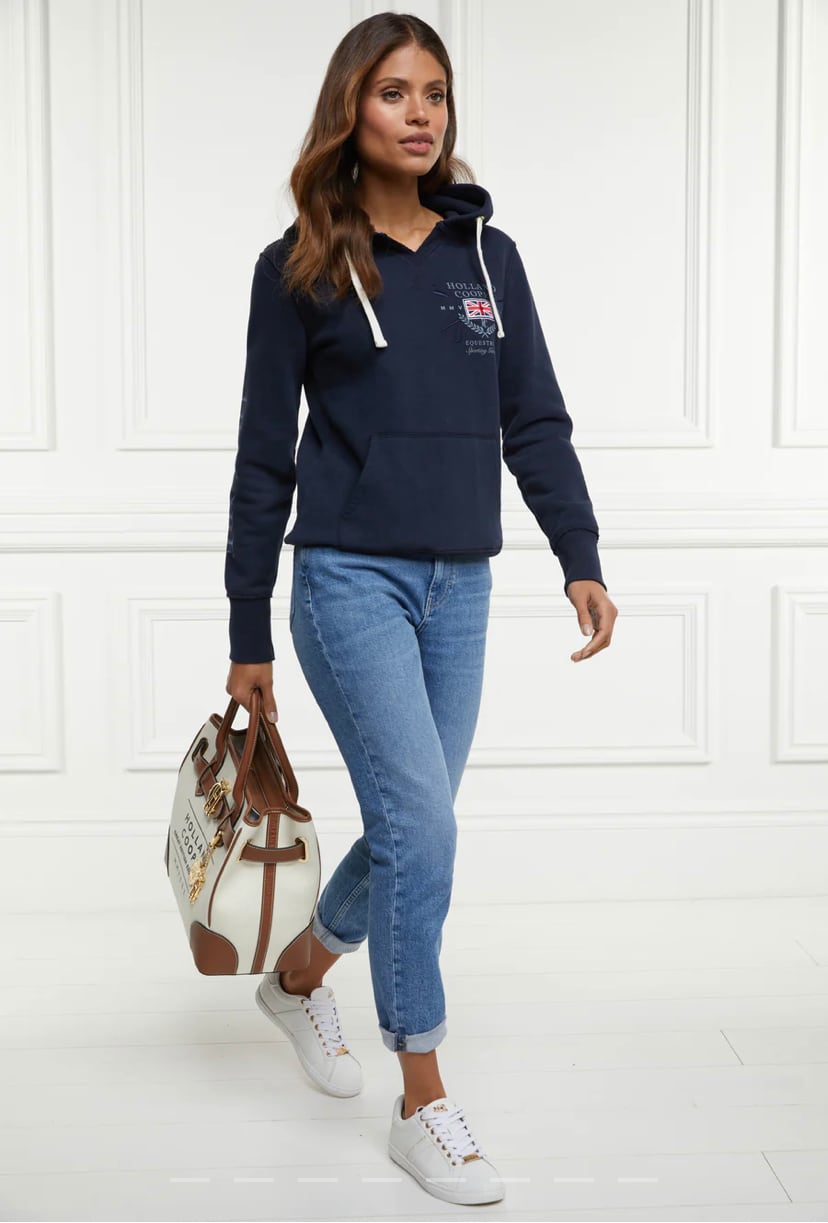 Women's Holland Cooper riding sweatshirt hoodie in navy/khaki/red