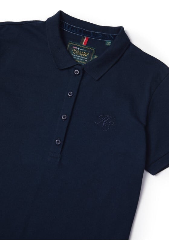 Women's short-sleeved polo shirt for horse riding, cotton, dark navy/white, Holland Cooper