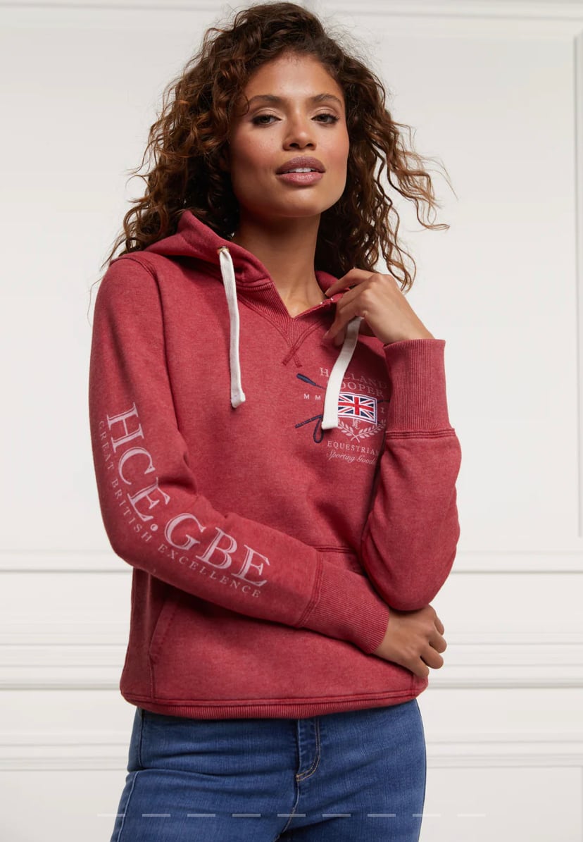 Women's Holland Cooper riding sweatshirt hoodie in navy/khaki/red