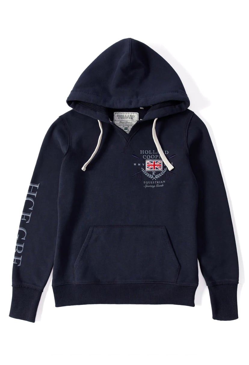 Women's Holland Cooper riding sweatshirt hoodie in navy/khaki/red