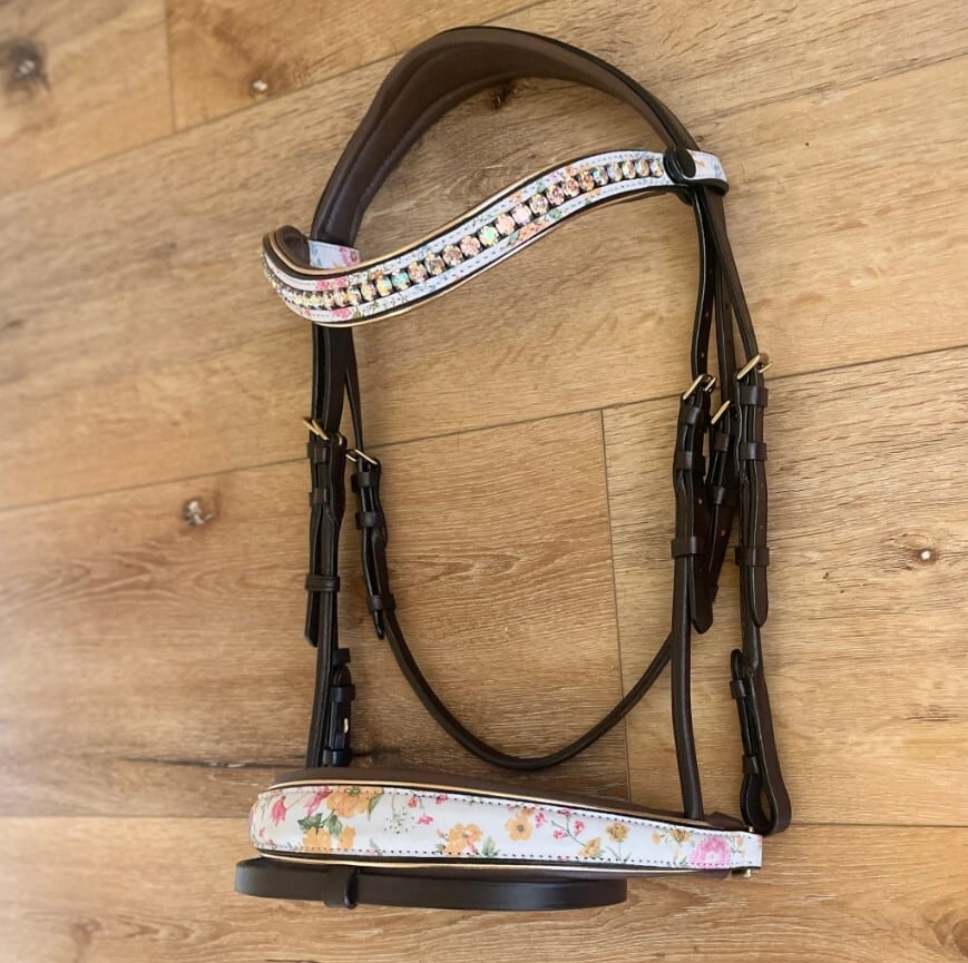 フローラルプリント頭絡 ドルチェブラウン スワロフスキー額革&手綱付き Halter ego