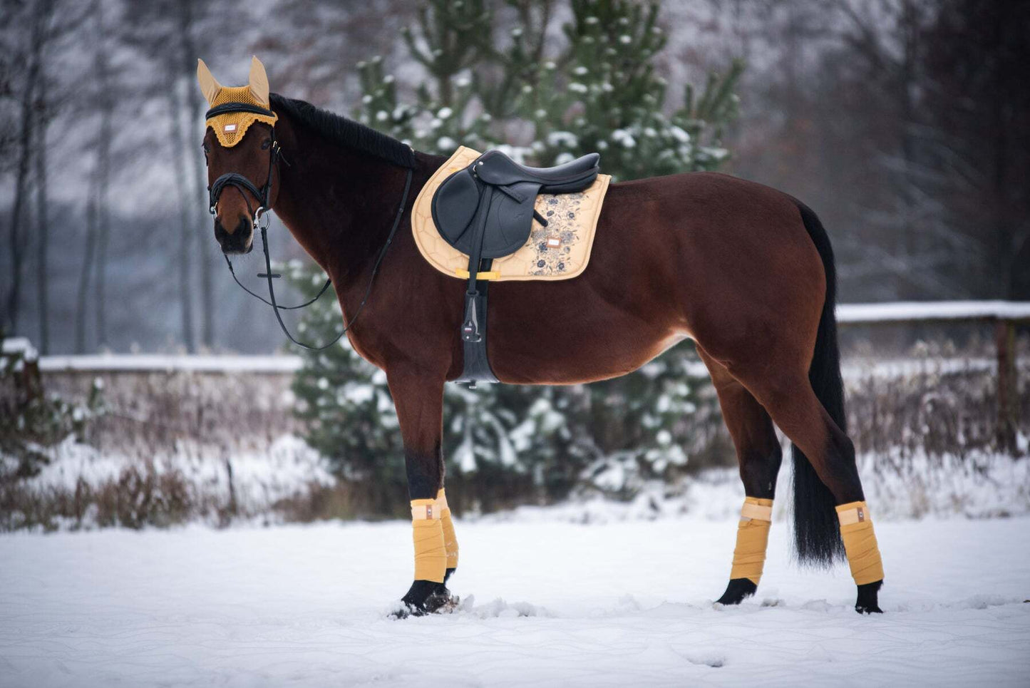 バラ柄サドルパッド&イヤーネット2点セット ハニーイエロー 馬場用 障害用
