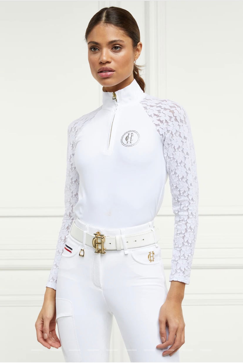 Holland Cooper Women's Long Sleeve Athletic Shirt in White with Floral Lace