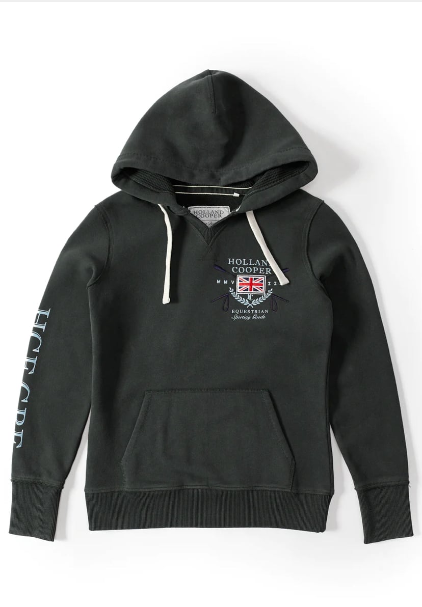 Women's Holland Cooper riding sweatshirt hoodie in navy/khaki/red
