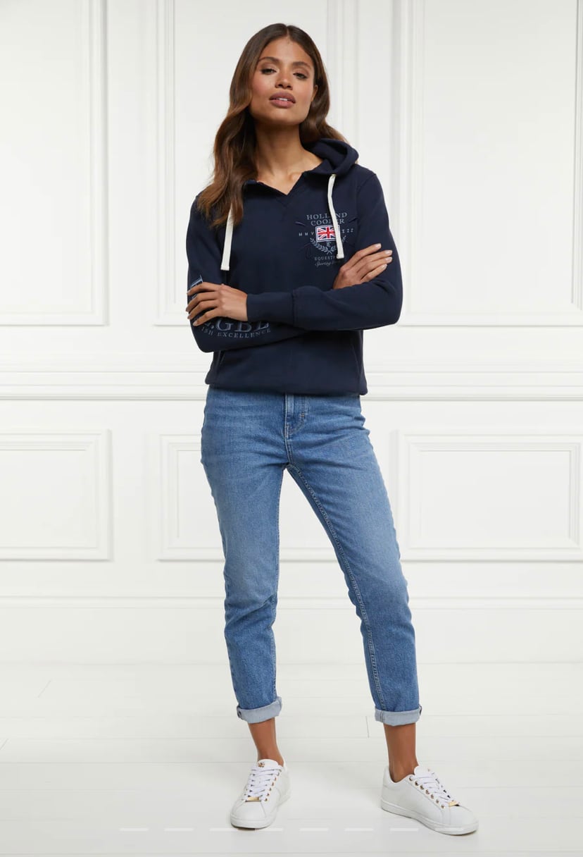 Women's Holland Cooper riding sweatshirt hoodie in navy/khaki/red