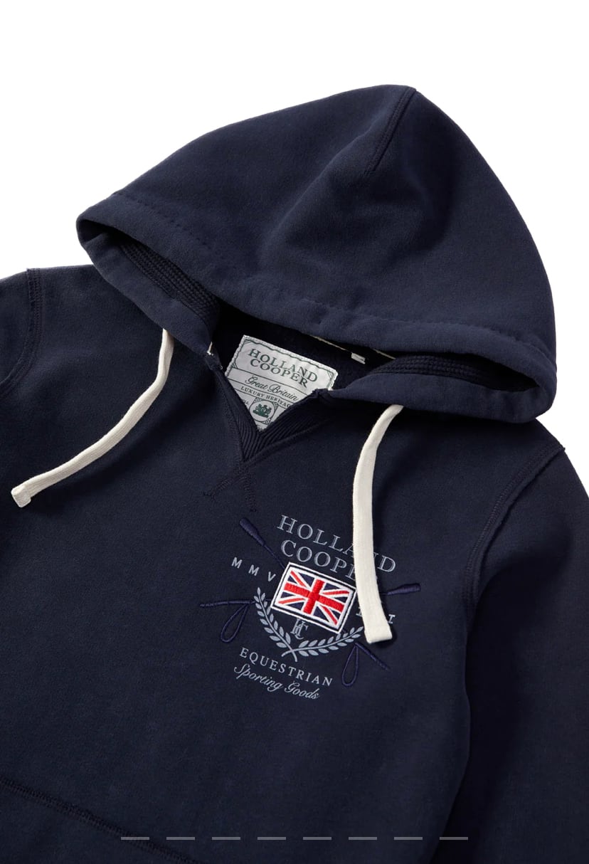 Women's Holland Cooper riding sweatshirt hoodie in navy/khaki/red