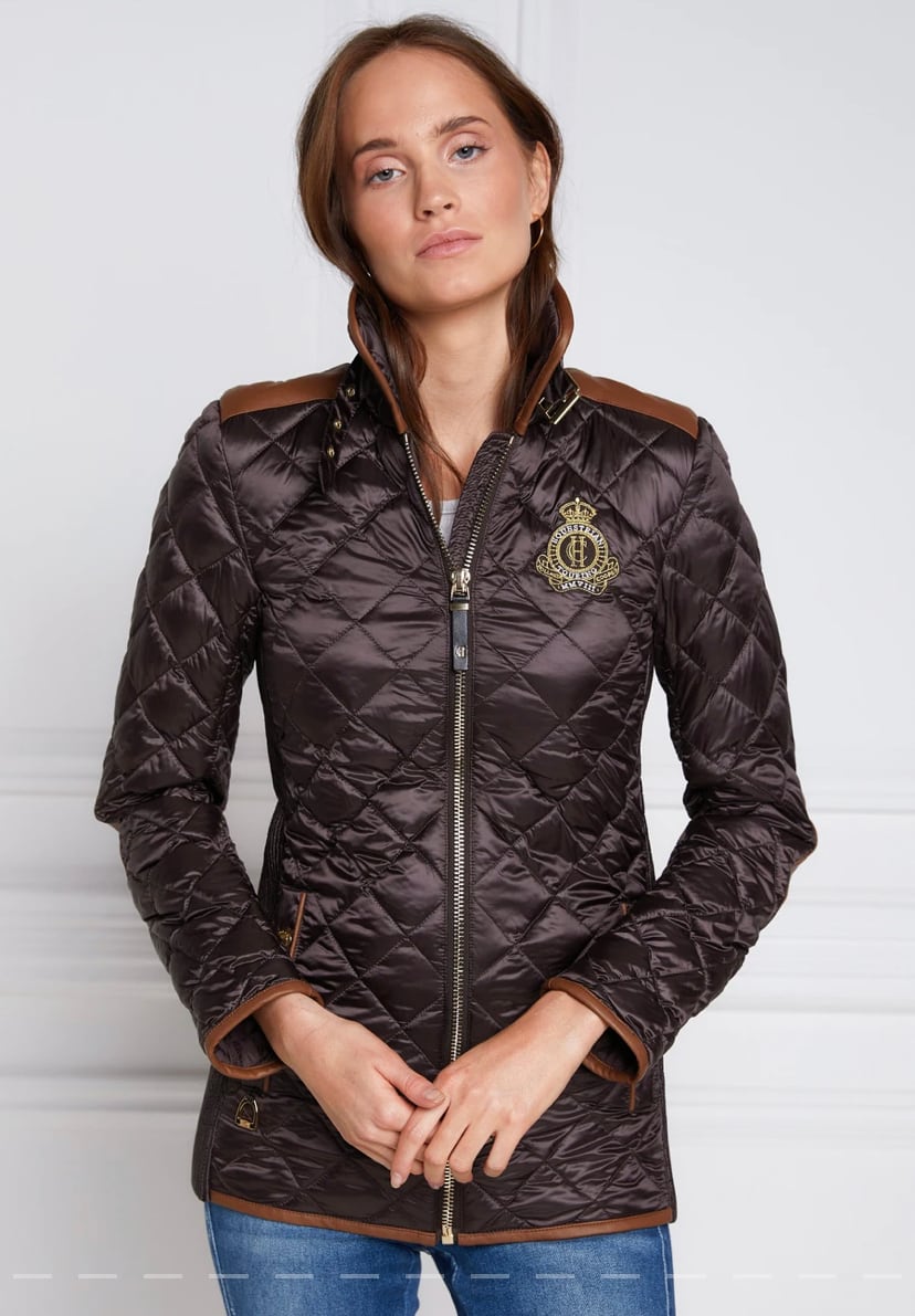 Women's quilted down jacket in black/khaki/dark navy/chocolate by Holland Cooper