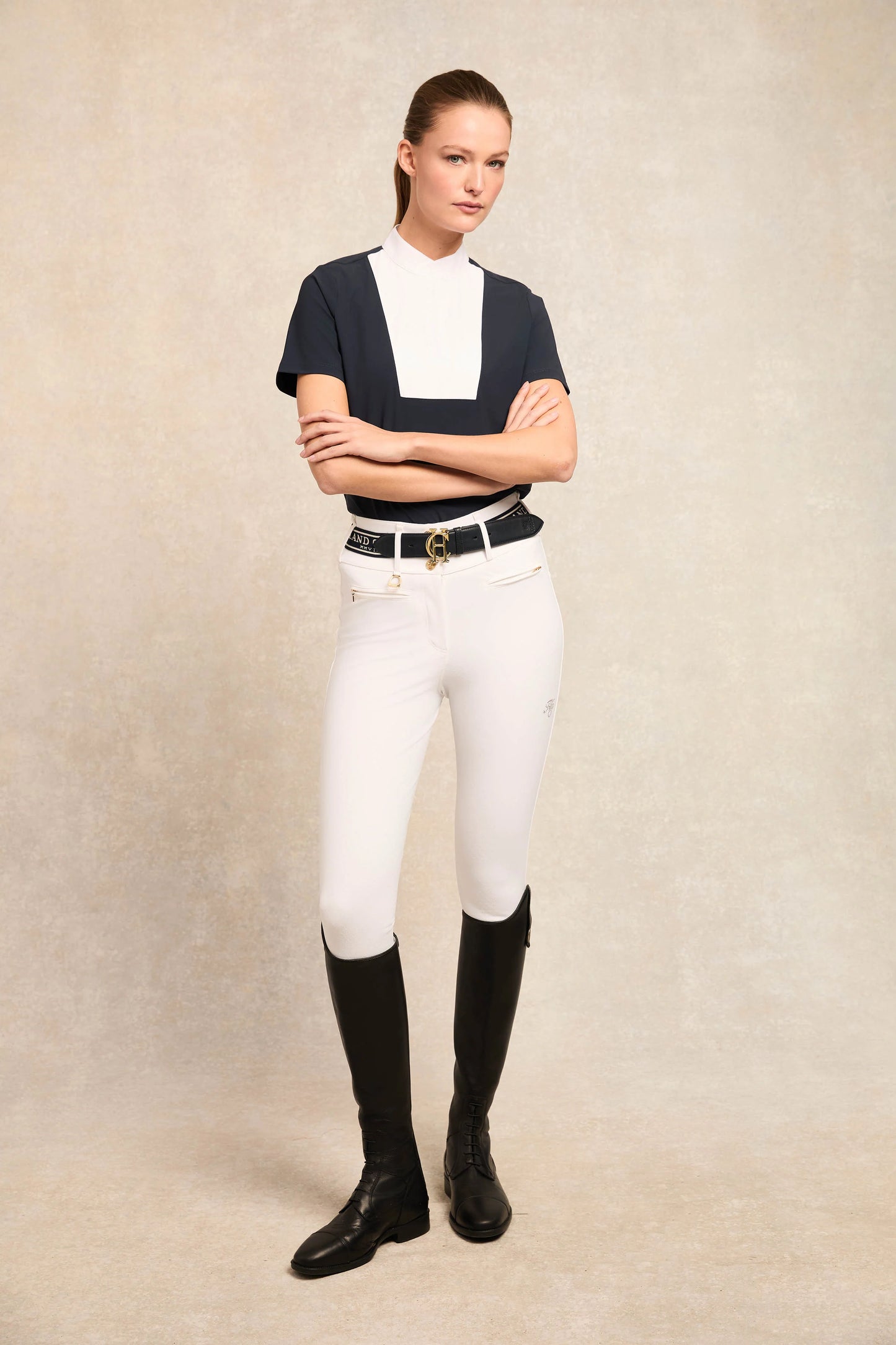 Women's Stretch Athletic Shirt, Short Sleeve, Dark Navy/White, Holland Cooper