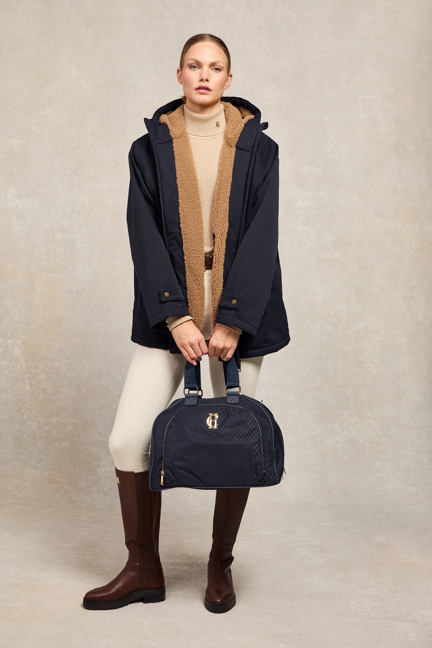 Fully waterproof oversized jacket with fleece lining in black/dark navy/chocolate Holland Cooper