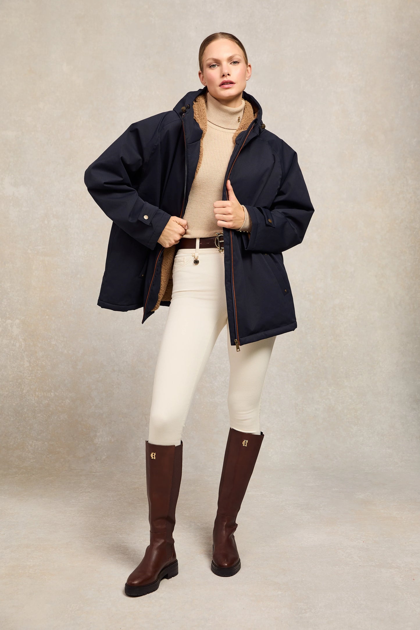 Fully waterproof oversized jacket with fleece lining in black/dark navy/chocolate Holland Cooper