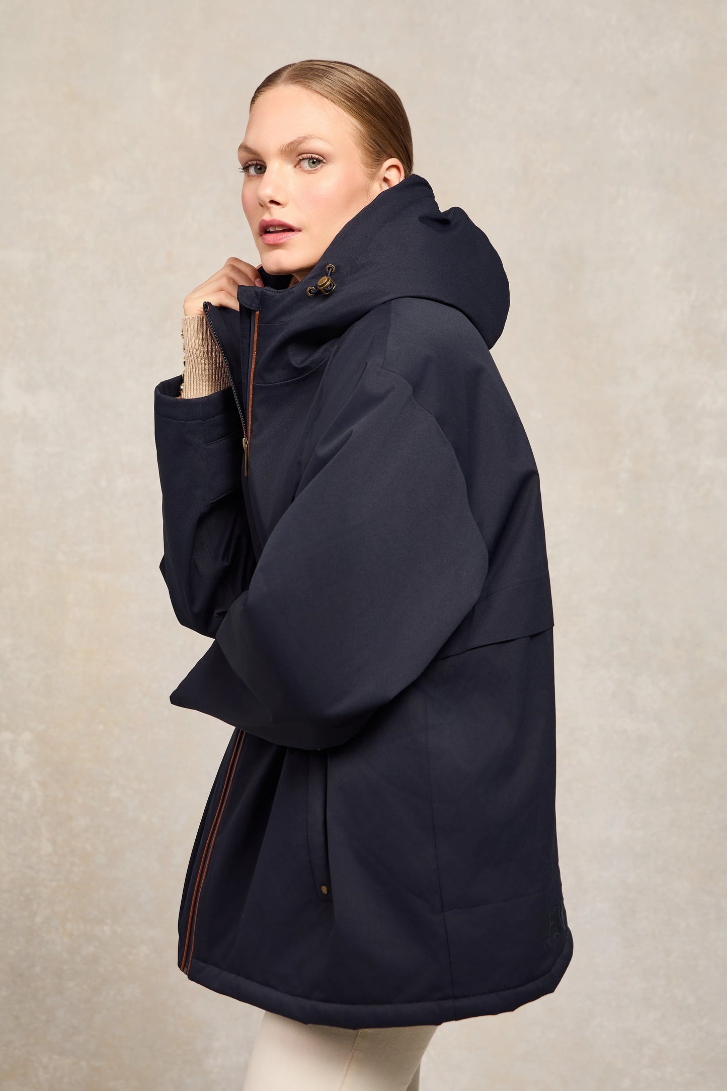 Fully waterproof oversized jacket with fleece lining in black/dark navy/chocolate Holland Cooper