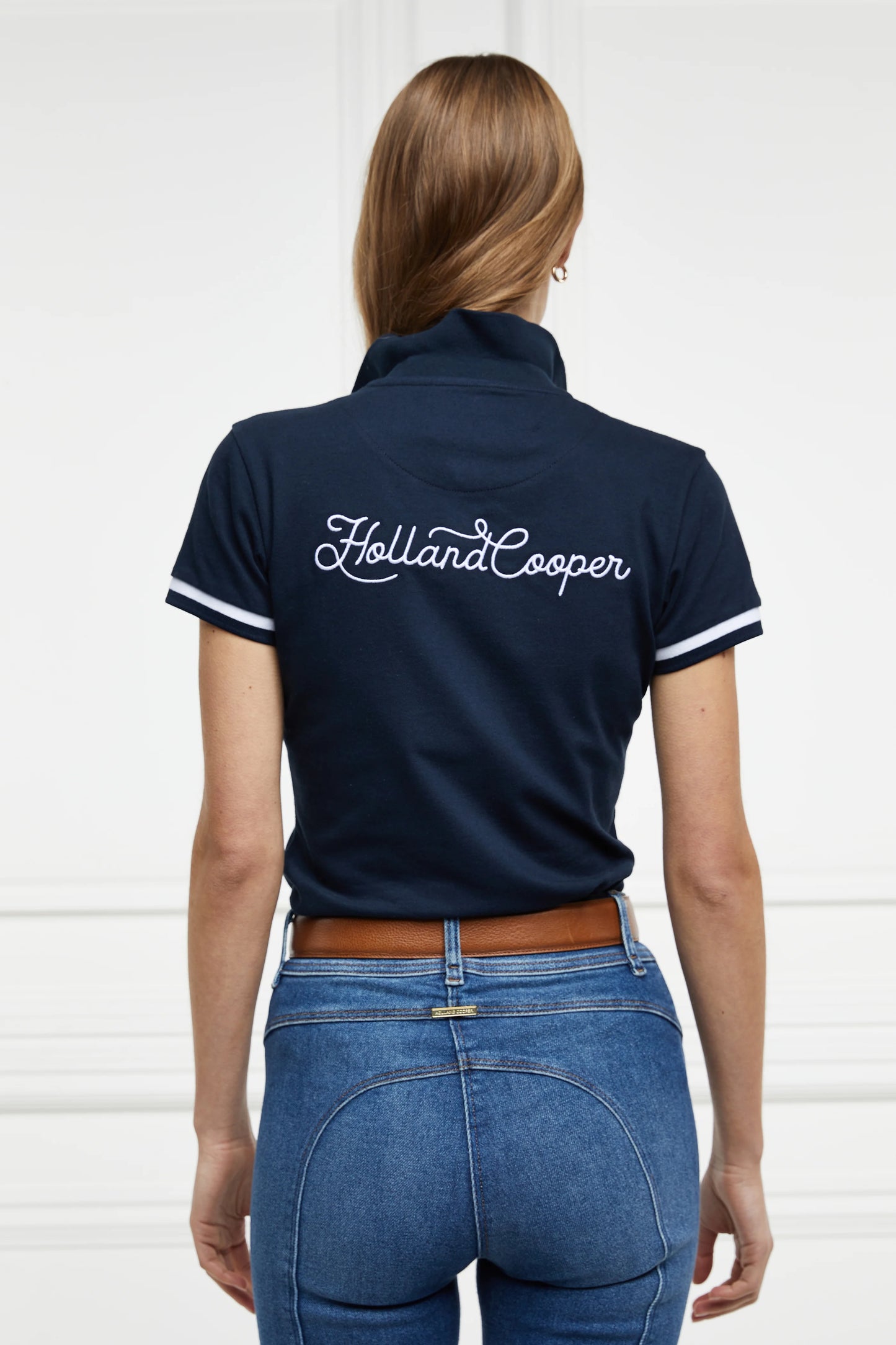 Women's short sleeve polo shirt for horse riding, dark navy/white, Holland Cooper