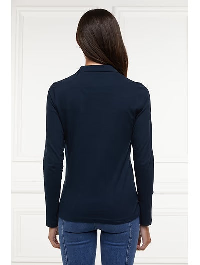[Same-day delivery] Women's riding polo shirt, long sleeves, dark navy/white, Holland Cooper