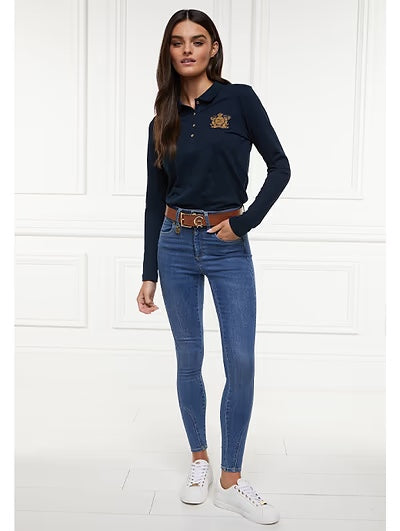 [Same-day delivery] Women's riding polo shirt, long sleeves, dark navy/white, Holland Cooper