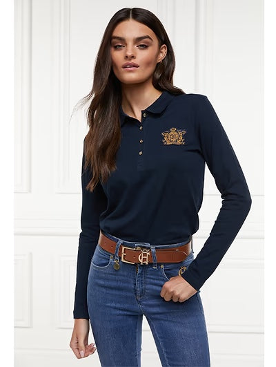 [Same-day delivery] Women's riding polo shirt, long sleeves, dark navy/white, Holland Cooper
