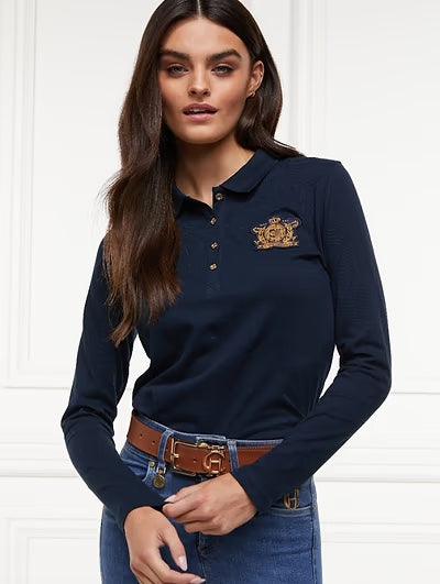[Same-day delivery] Women's riding polo shirt, long sleeves, dark navy/white, Holland Cooper