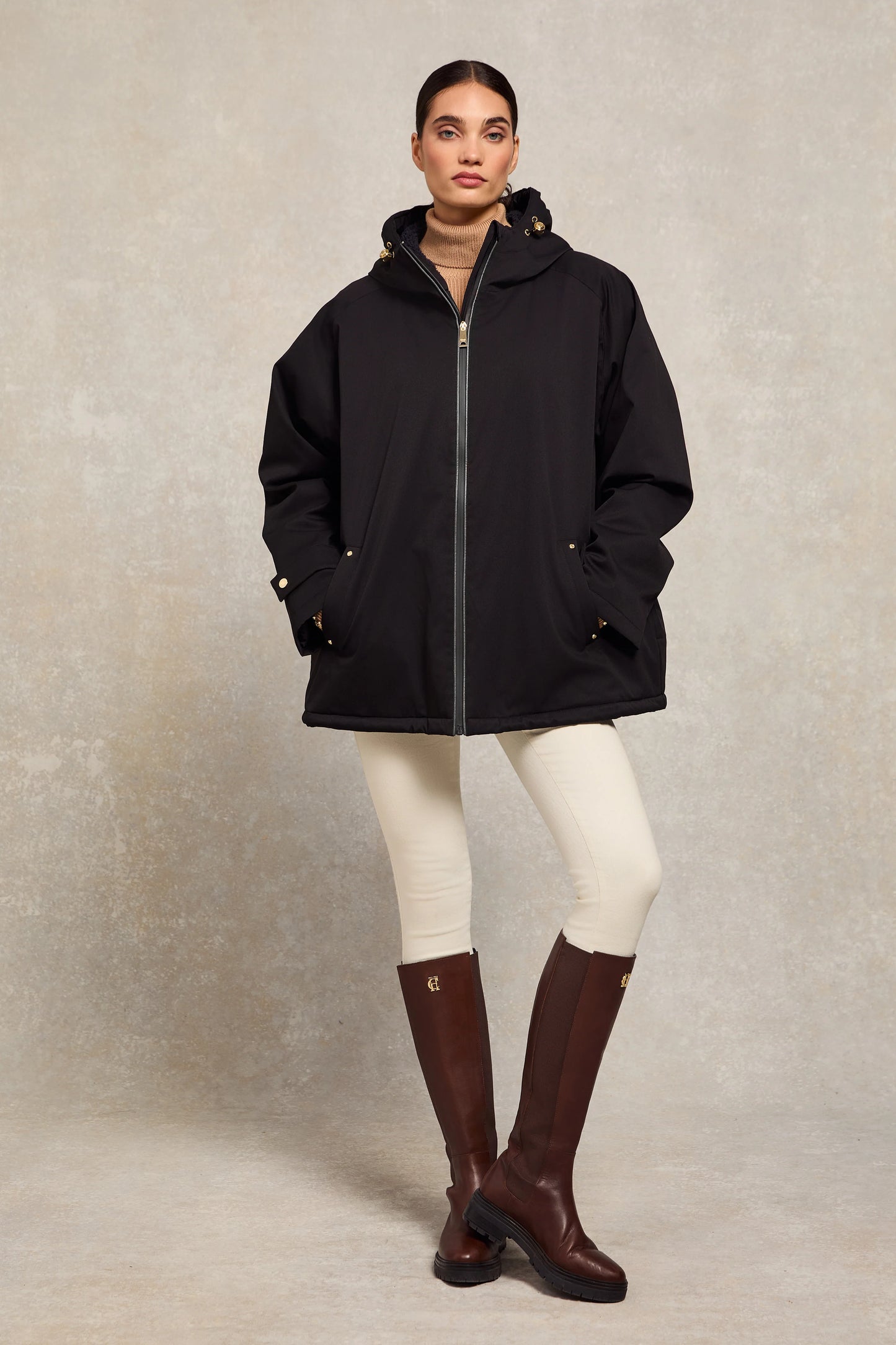 Fully waterproof oversized jacket with fleece lining in black/dark navy/chocolate Holland Cooper