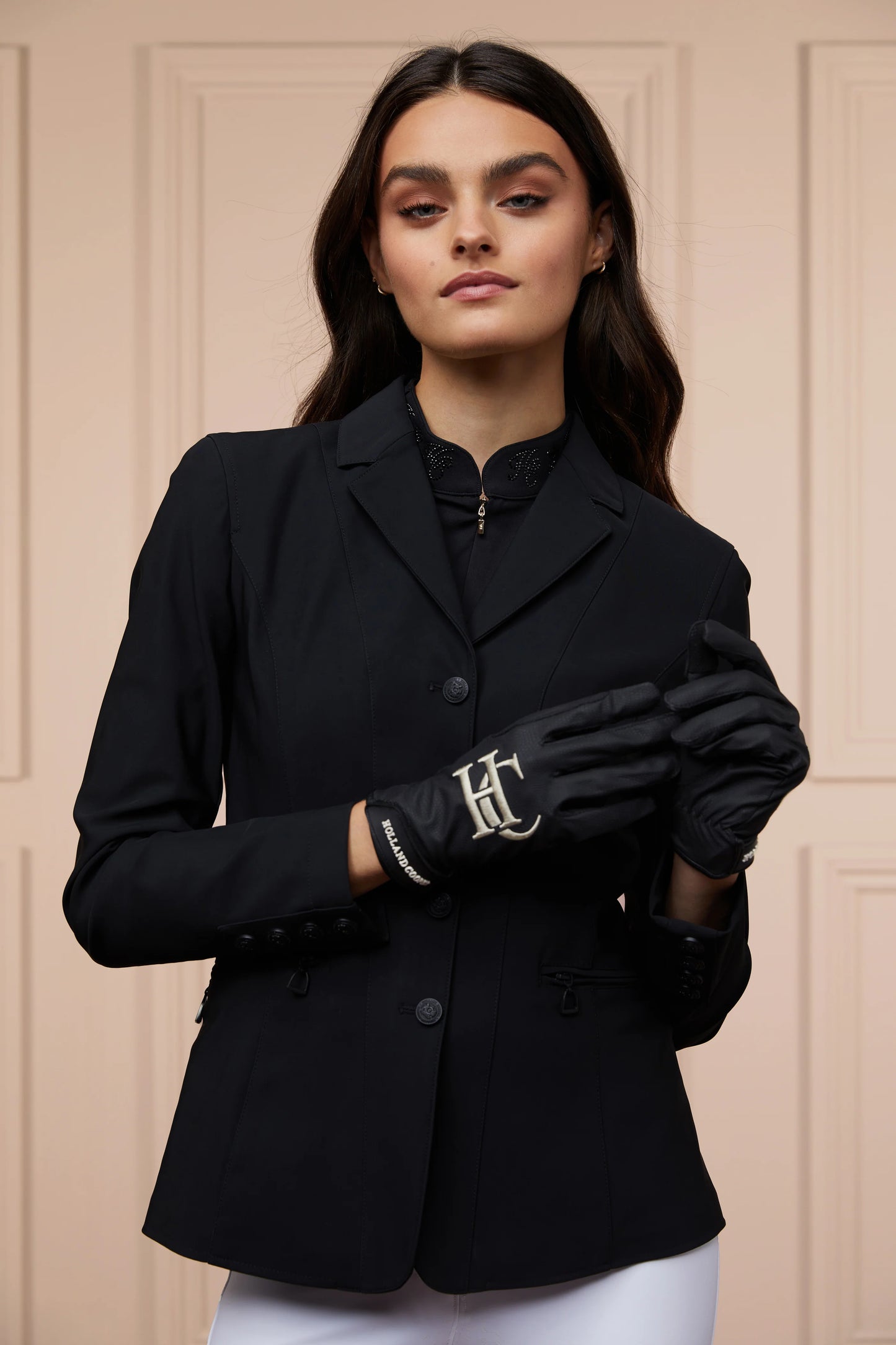 Technical Leather Riding Gloves with Smartphone Control for Women, Black/Navy, Holland Cooper