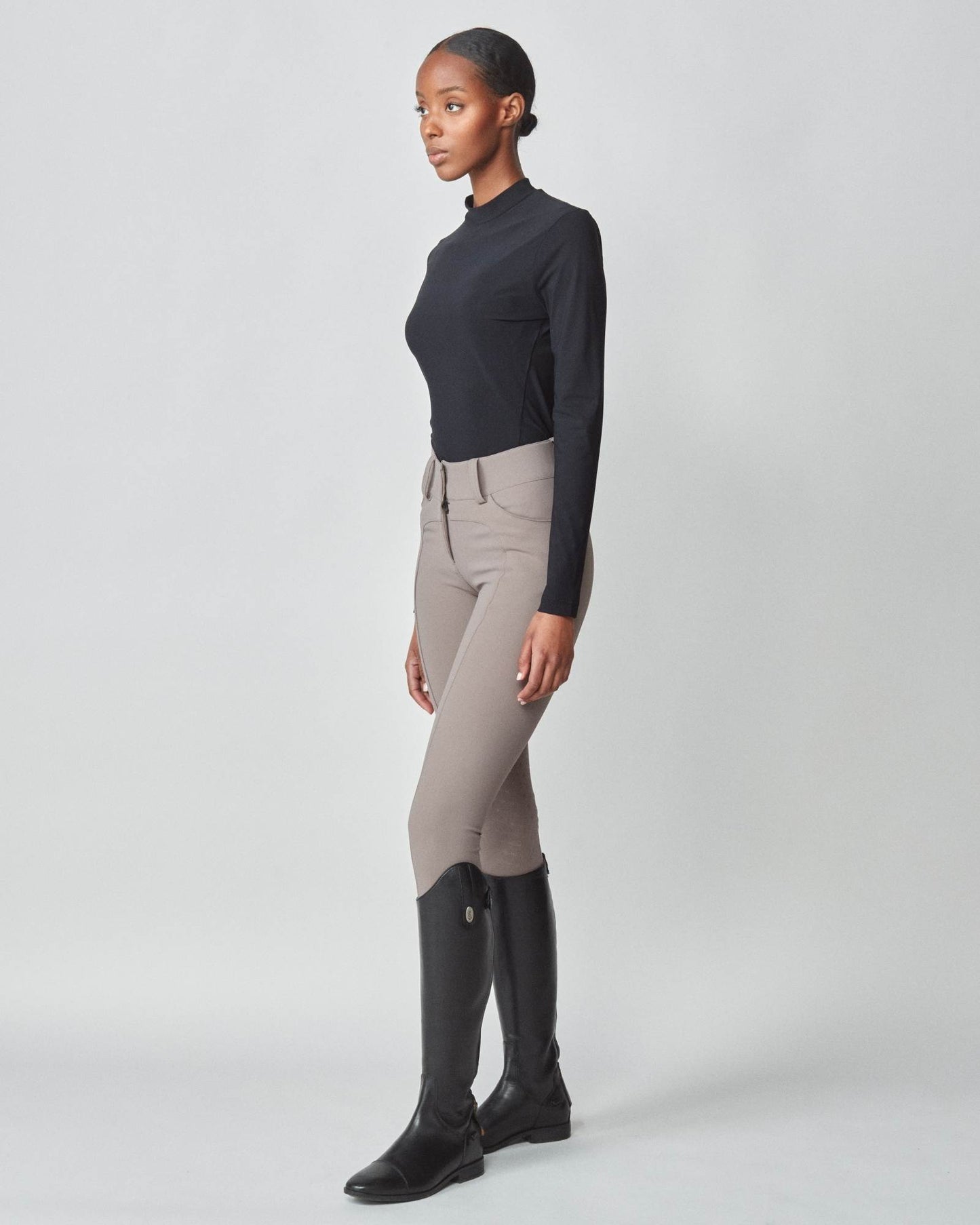 Lightweight long sleeve mock neck top in Italian jersey, black/grey/lavender Yagya