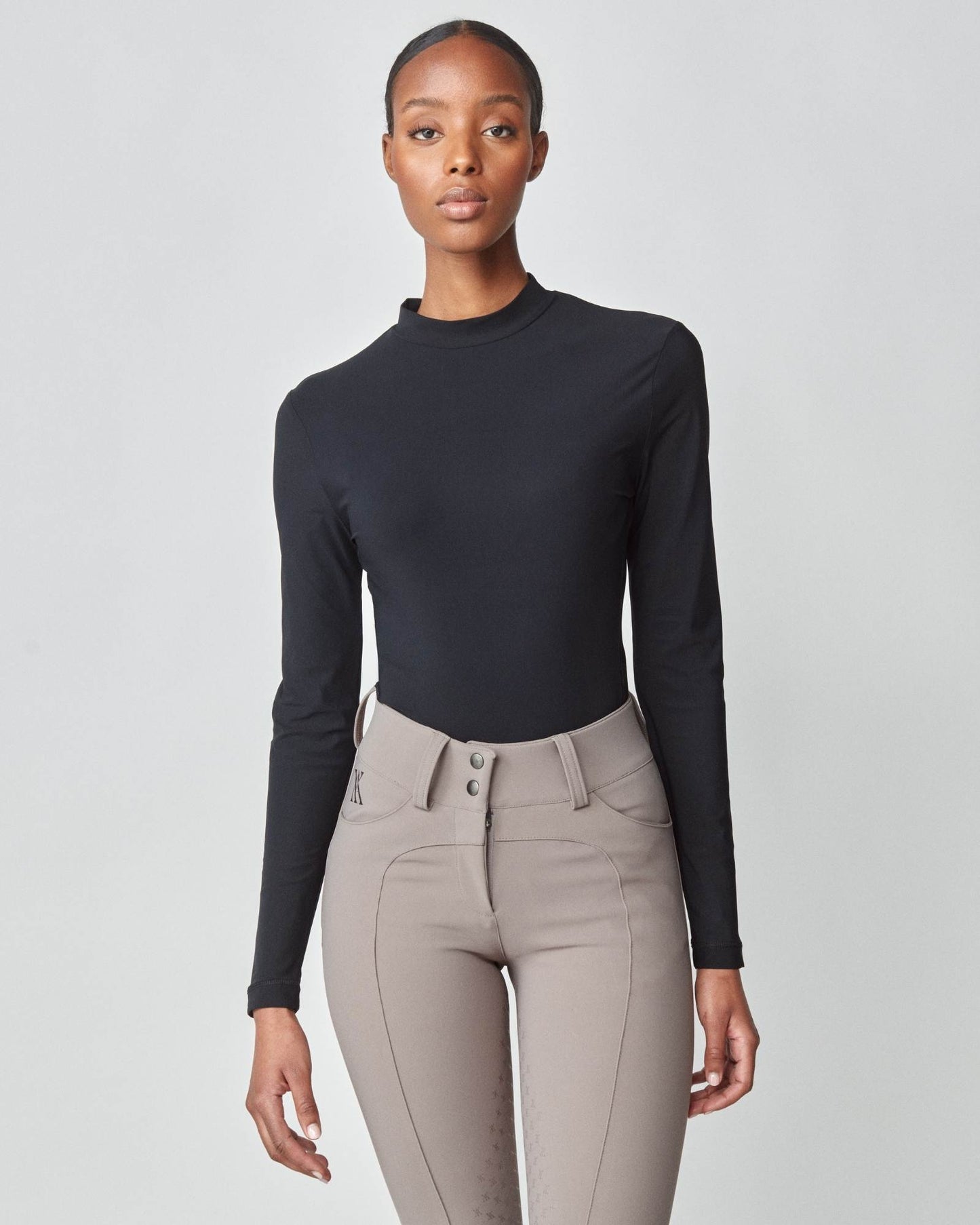 Lightweight long sleeve mock neck top in Italian jersey, black/grey/lavender Yagya