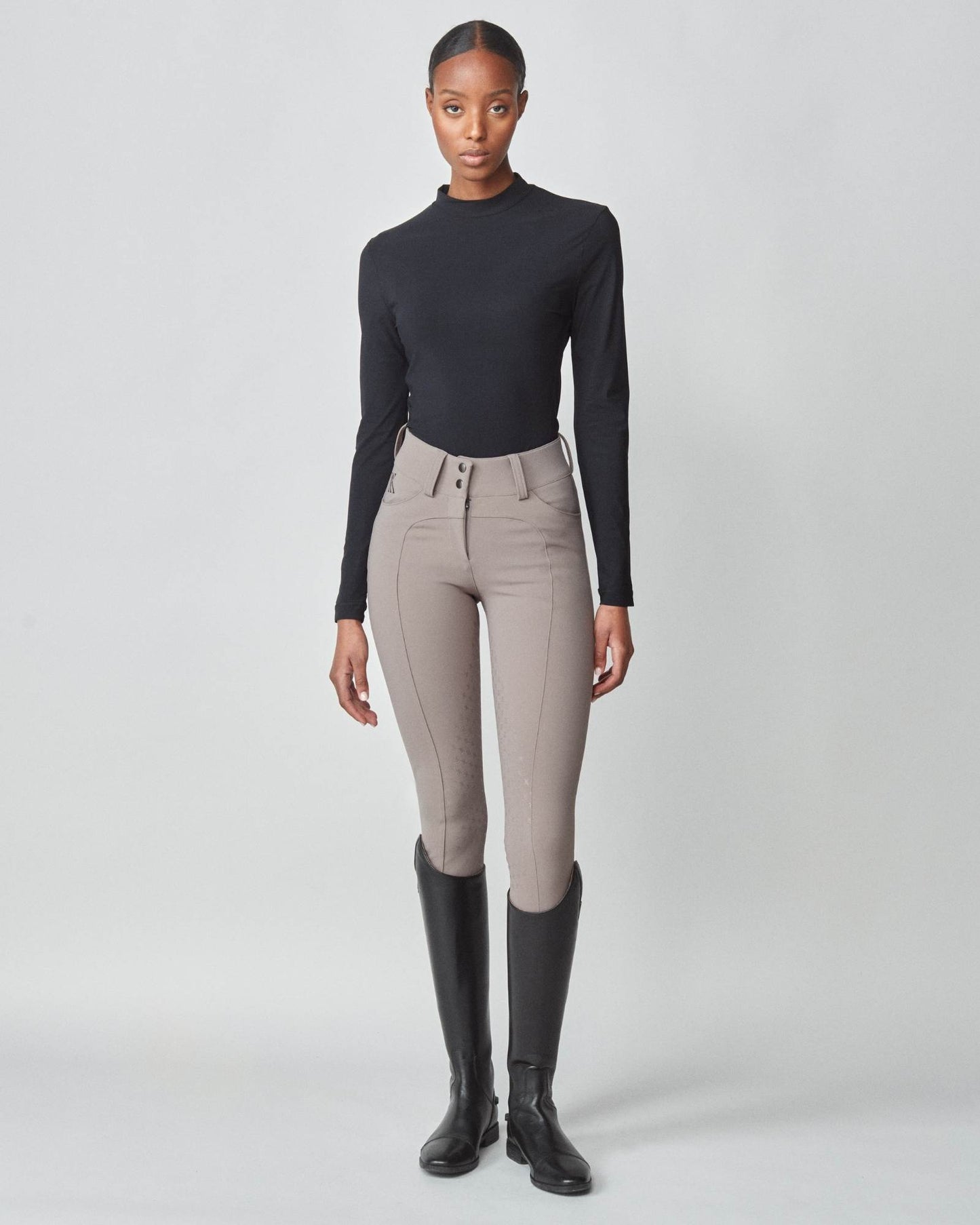 Lightweight long sleeve mock neck top in Italian jersey, black/grey/lavender Yagya