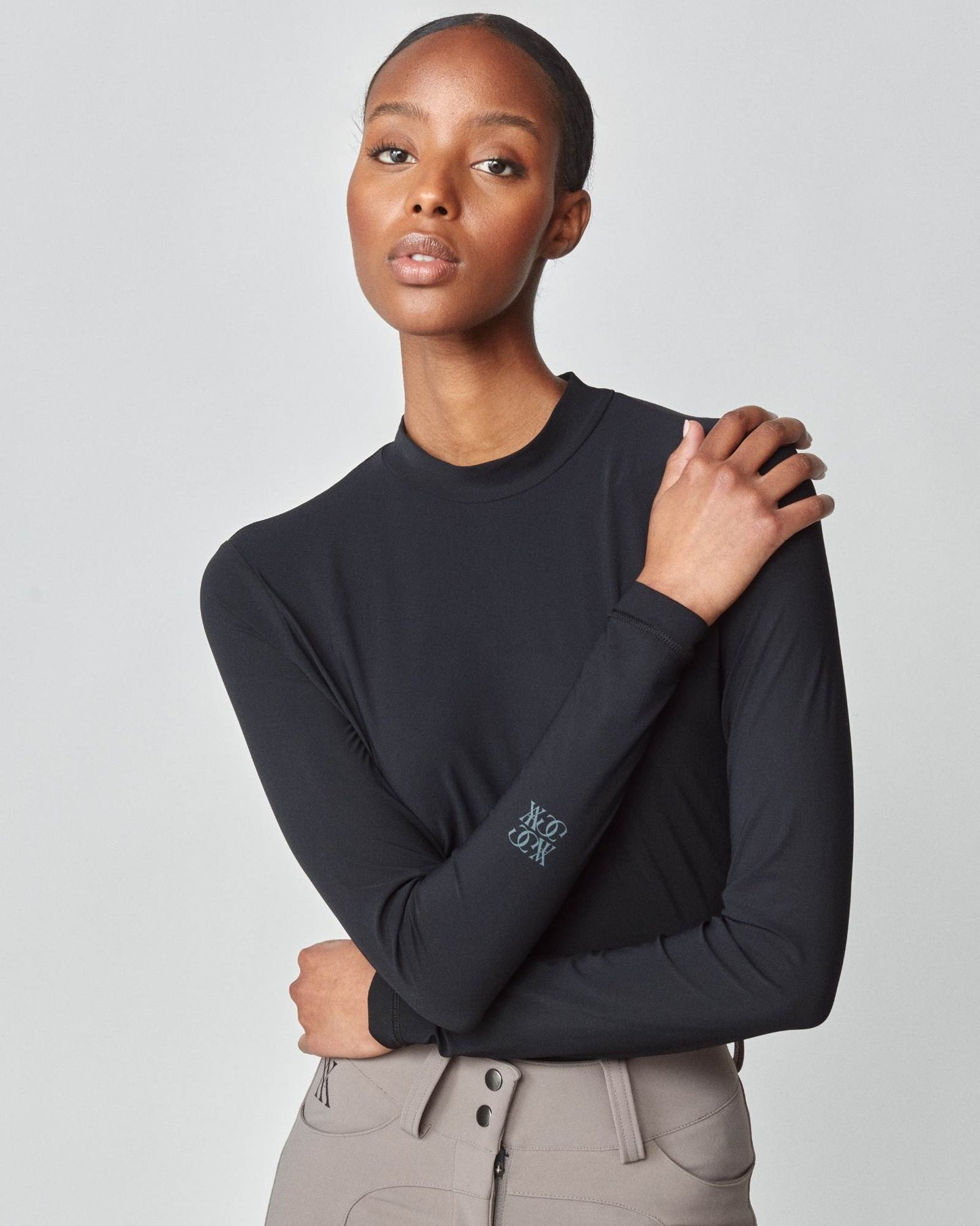 Lightweight long sleeve mock neck top in Italian jersey, black/grey/lavender Yagya