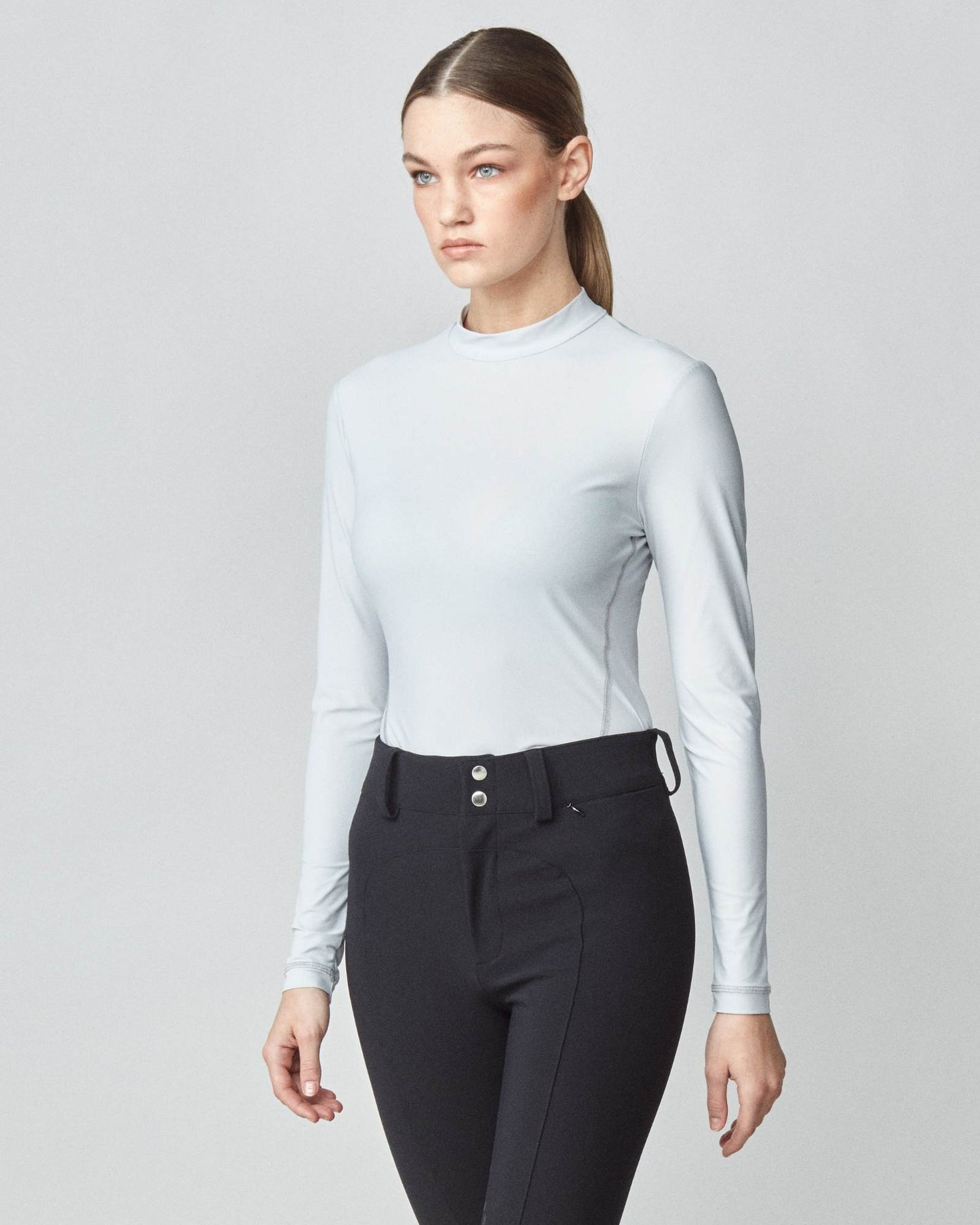 Lightweight long sleeve mock neck top in Italian jersey, black/grey/lavender Yagya