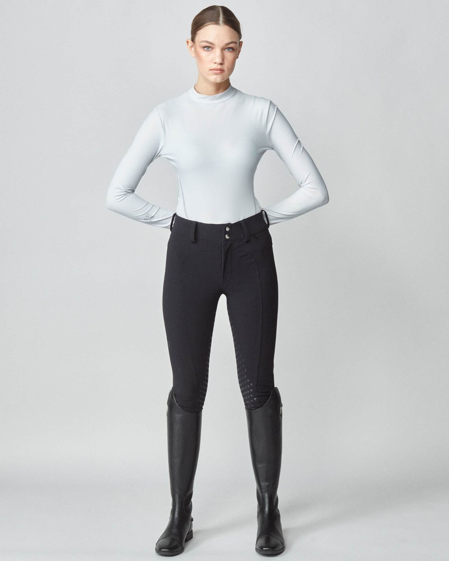 Lightweight long sleeve mock neck top in Italian jersey, black/grey/lavender Yagya