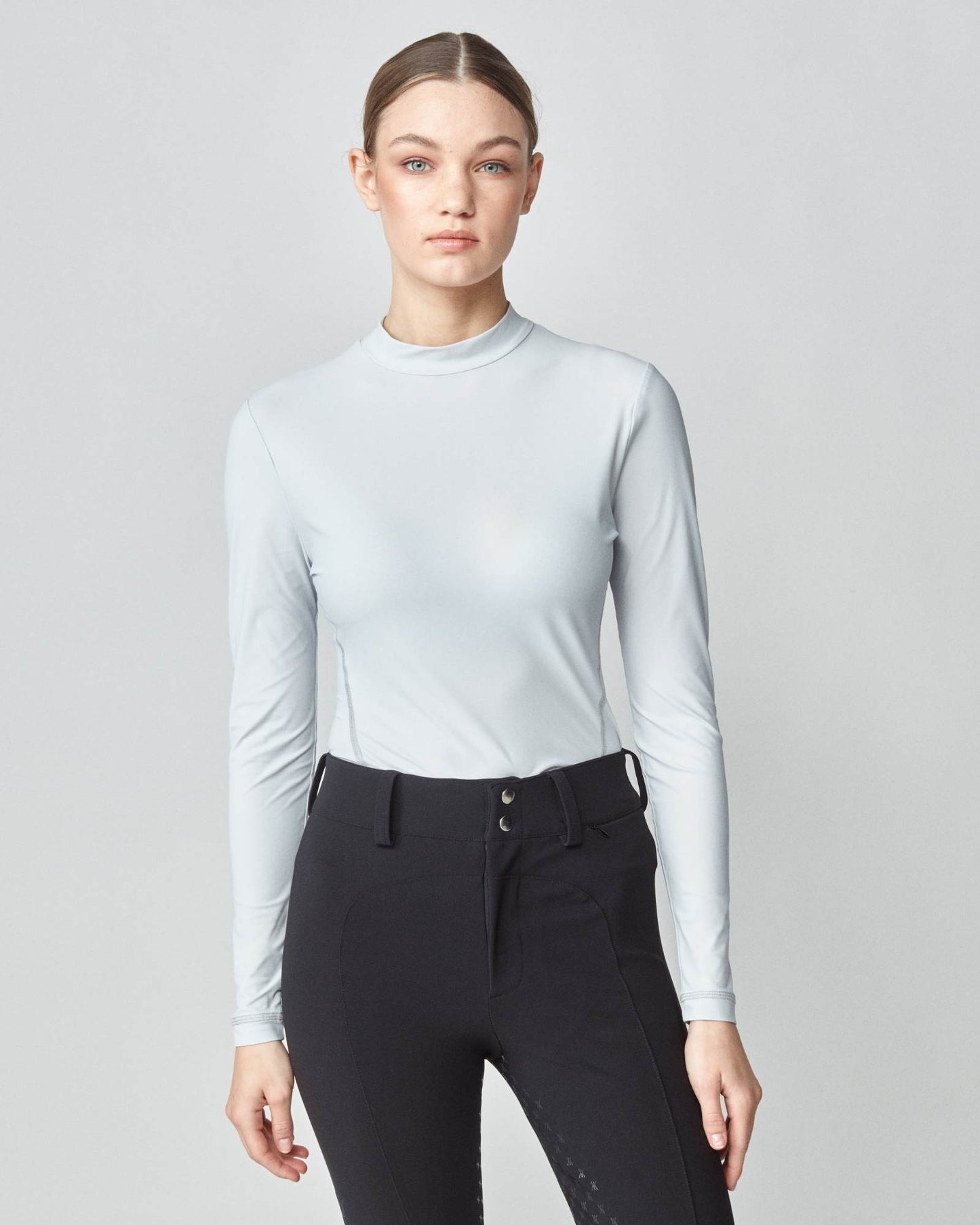 Lightweight long sleeve mock neck top in Italian jersey, black/grey/lavender Yagya