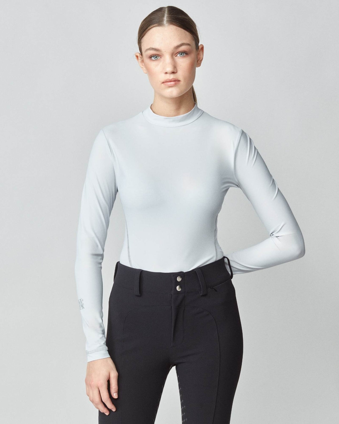 Lightweight long sleeve mock neck top in Italian jersey, black/grey/lavender Yagya