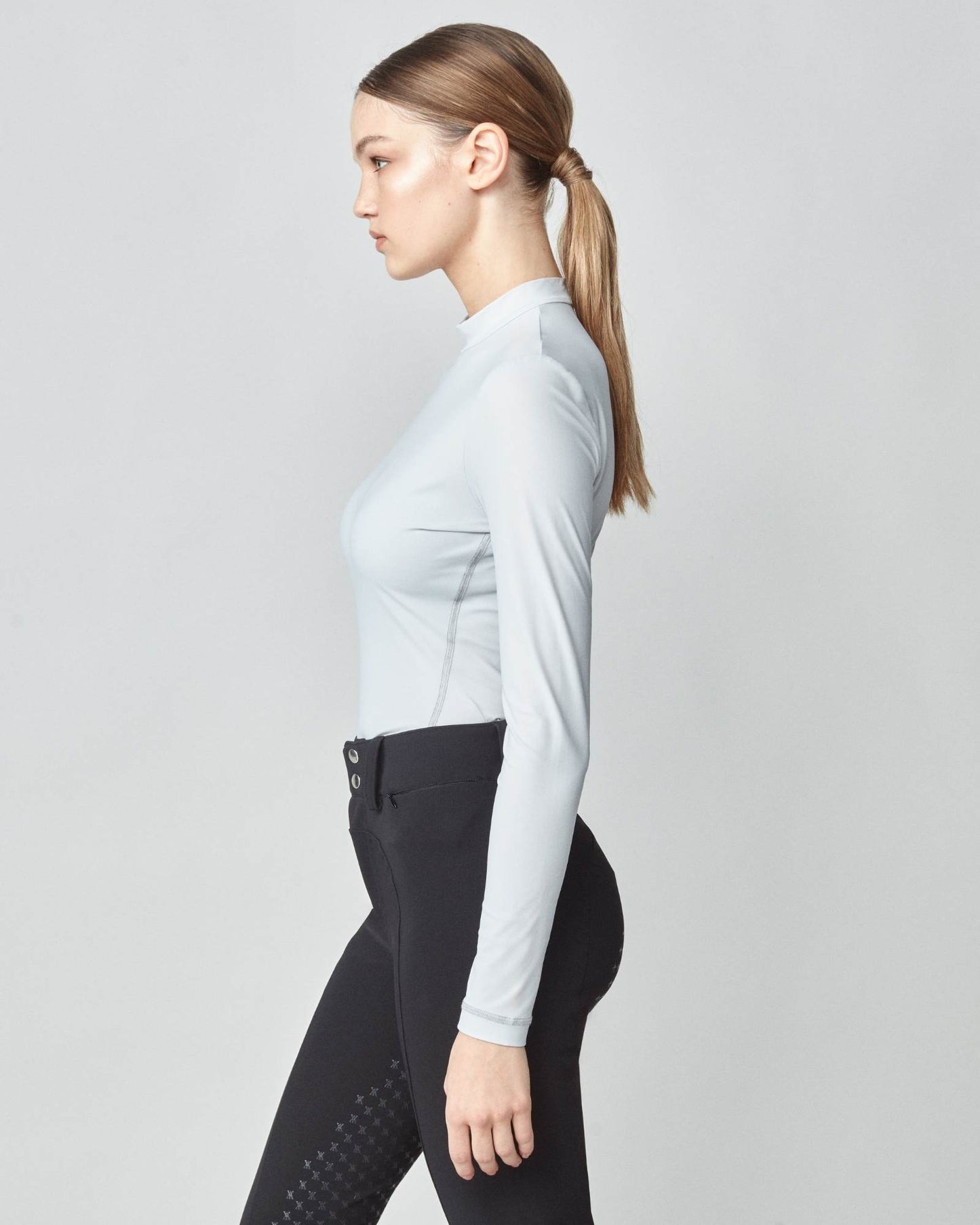 Lightweight long sleeve mock neck top in Italian jersey, black/grey/lavender Yagya