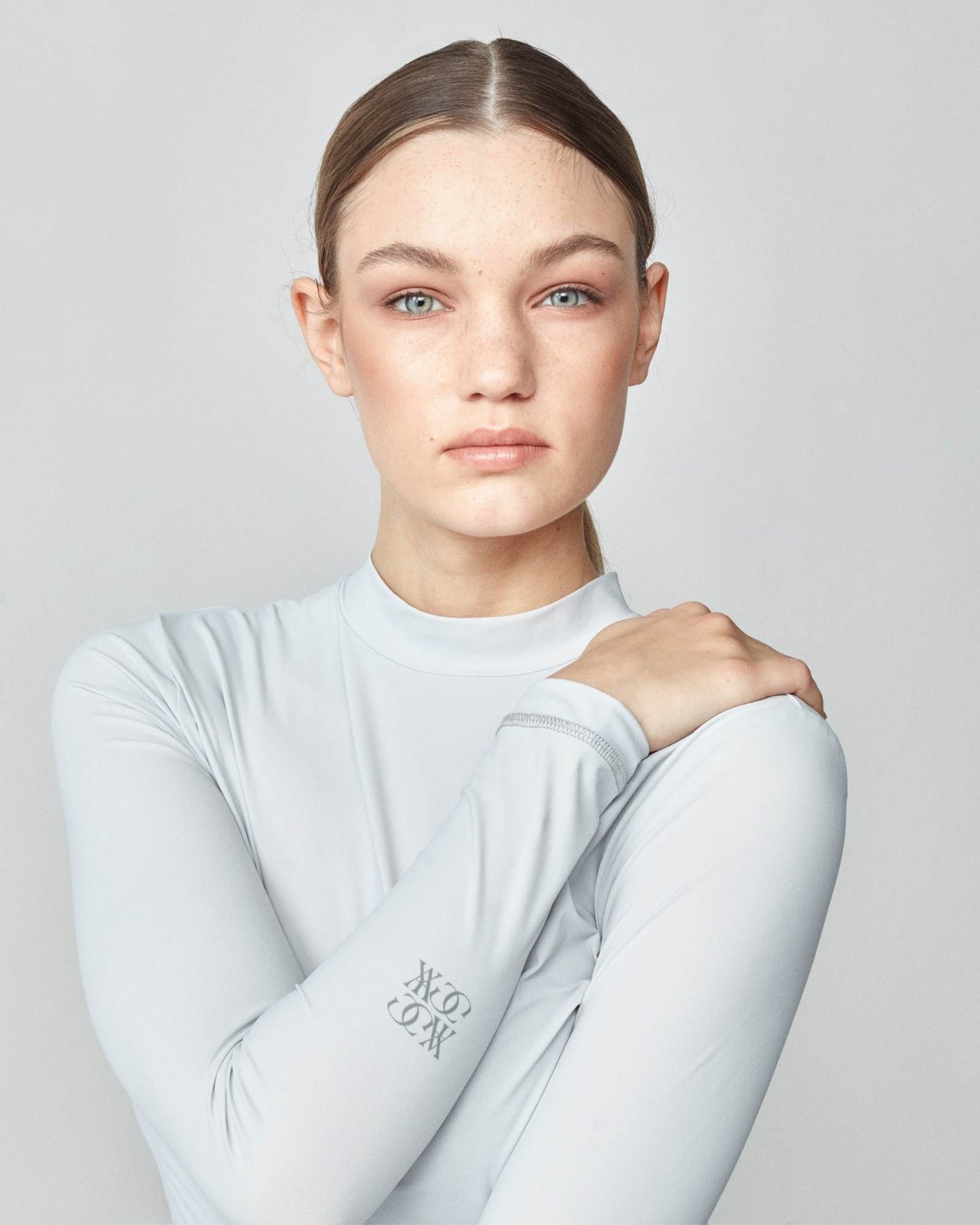Lightweight long sleeve mock neck top in Italian jersey, black/grey/lavender Yagya