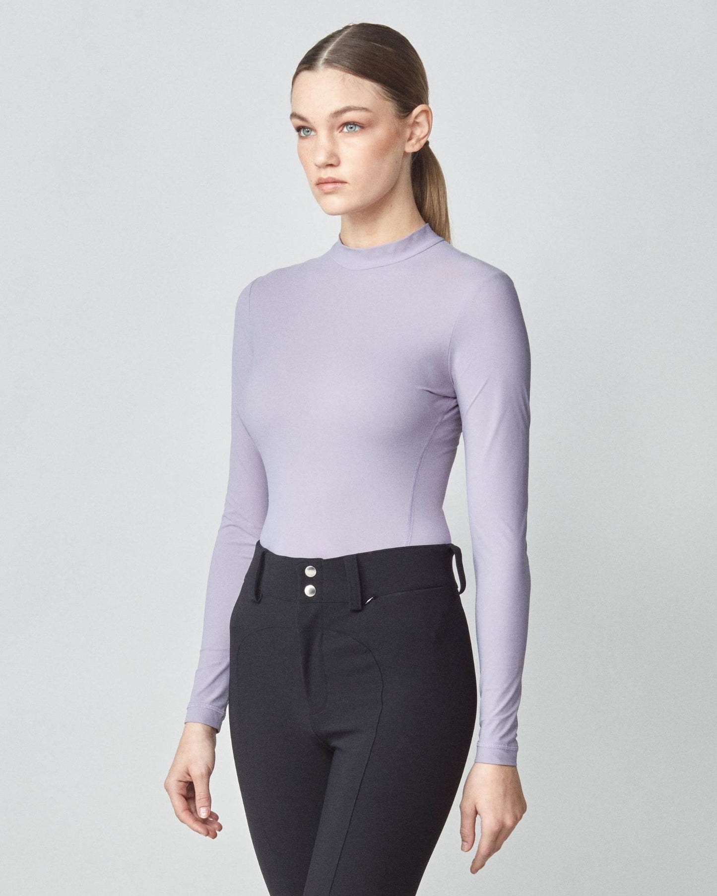 Lightweight long sleeve mock neck top in Italian jersey, black/grey/lavender Yagya