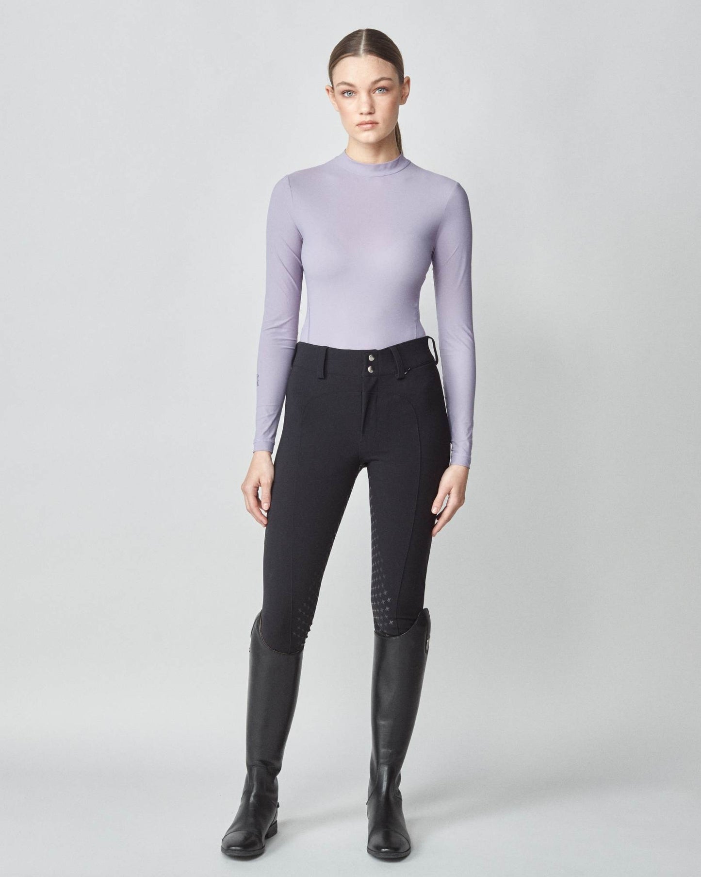 Lightweight long sleeve mock neck top in Italian jersey, black/grey/lavender Yagya