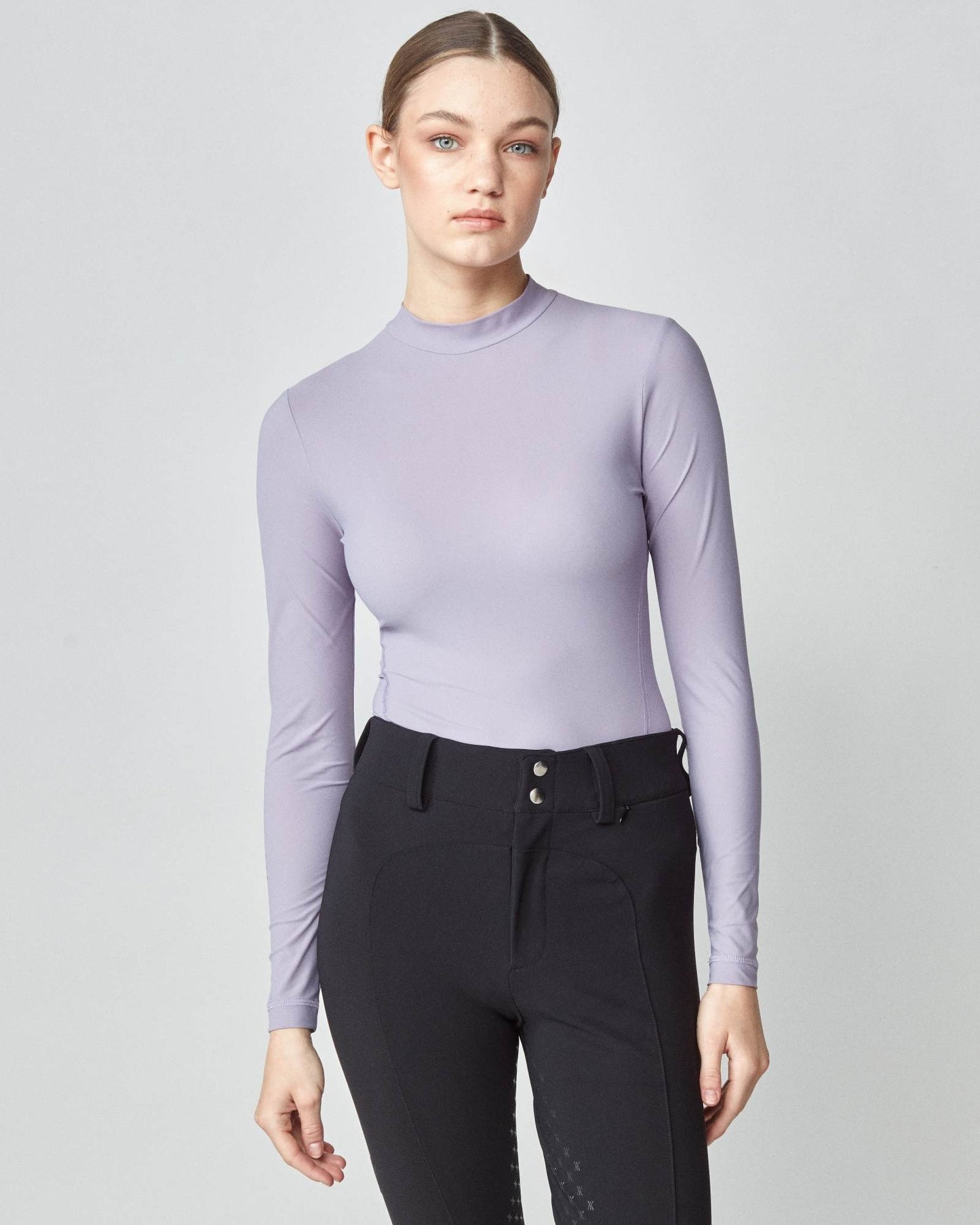 Lightweight long sleeve mock neck top in Italian jersey, black/grey/lavender Yagya