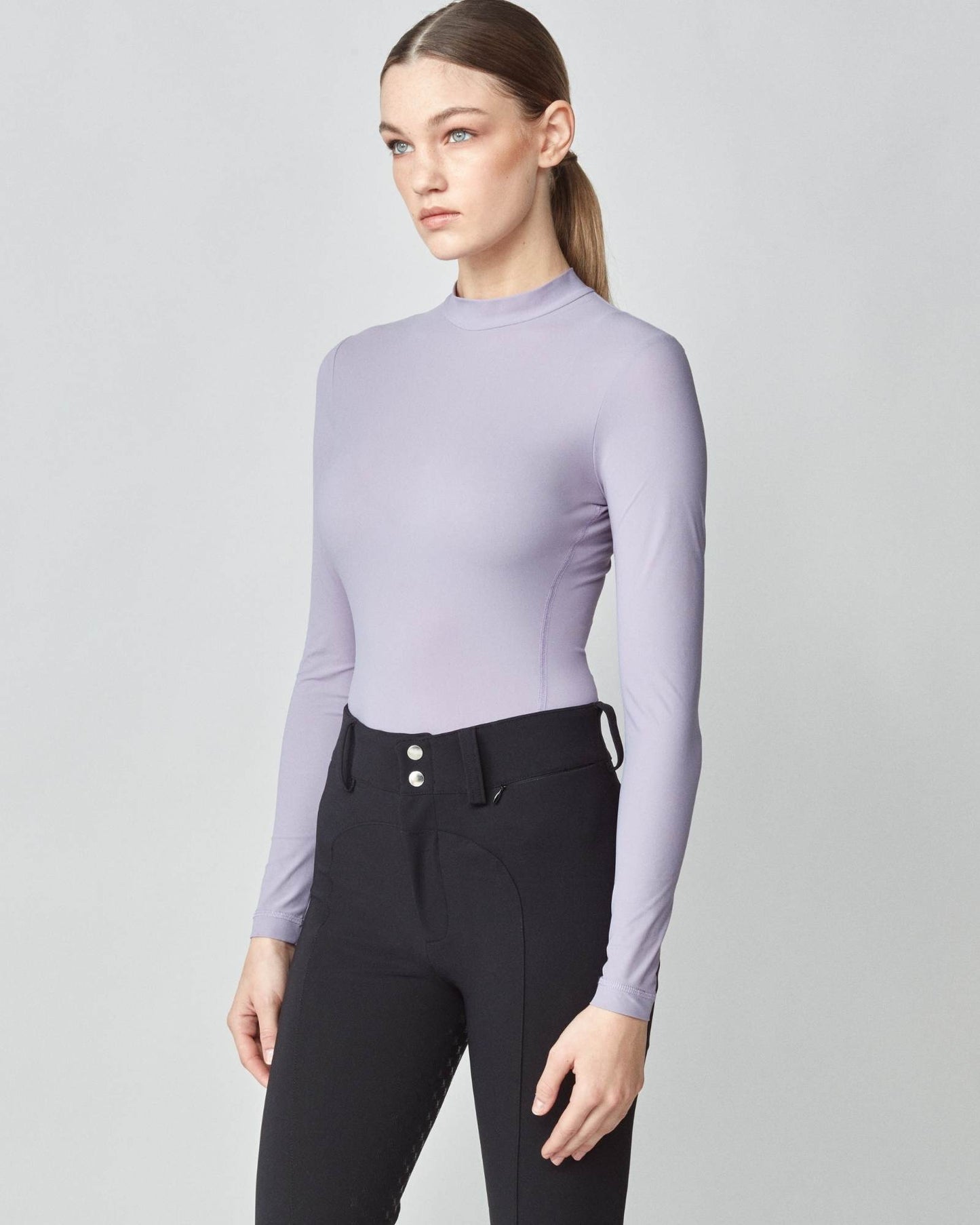 Lightweight long sleeve mock neck top in Italian jersey, black/grey/lavender Yagya