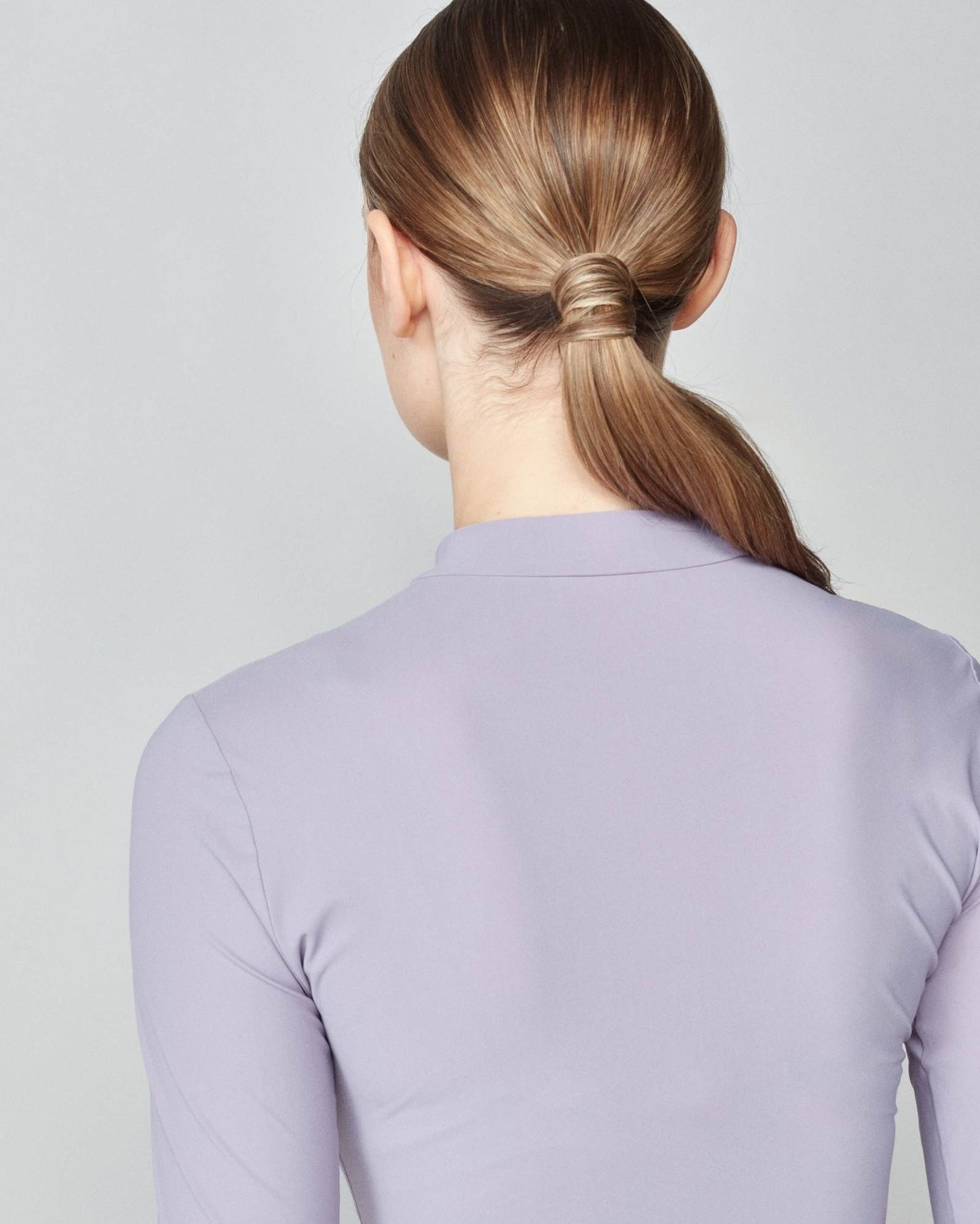 Lightweight long sleeve mock neck top in Italian jersey, black/grey/lavender Yagya