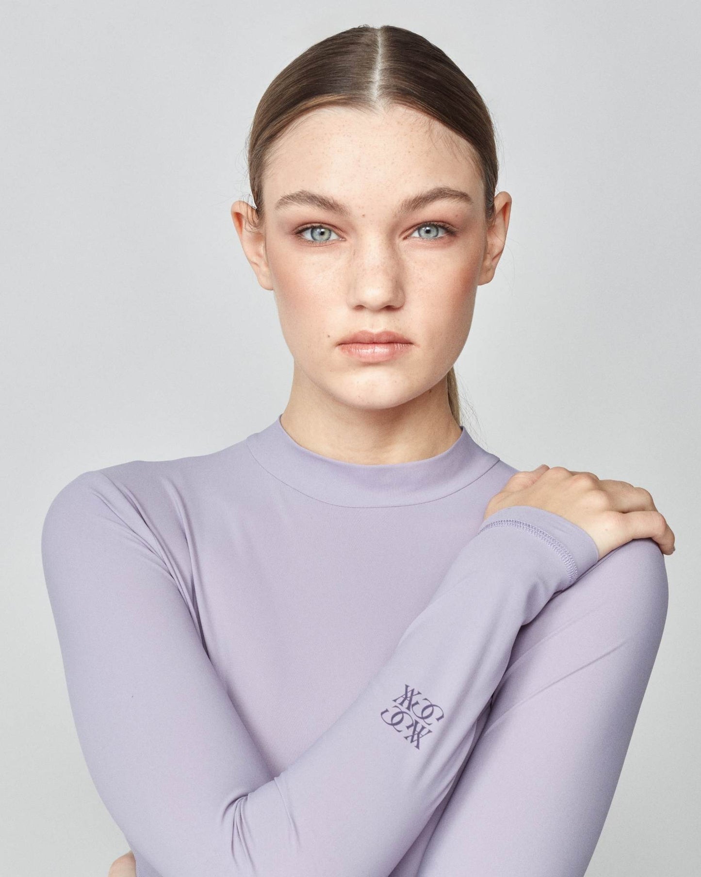 Lightweight long sleeve mock neck top in Italian jersey, black/grey/lavender Yagya