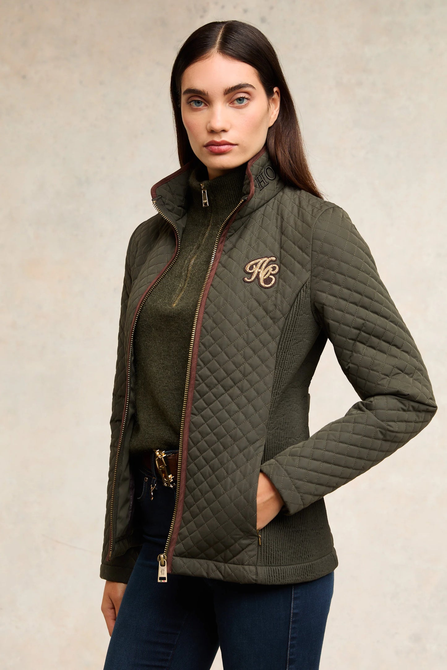 Holland Cooper Diamond Quilted Jacket in Dark Navy/Black/Dark Olive