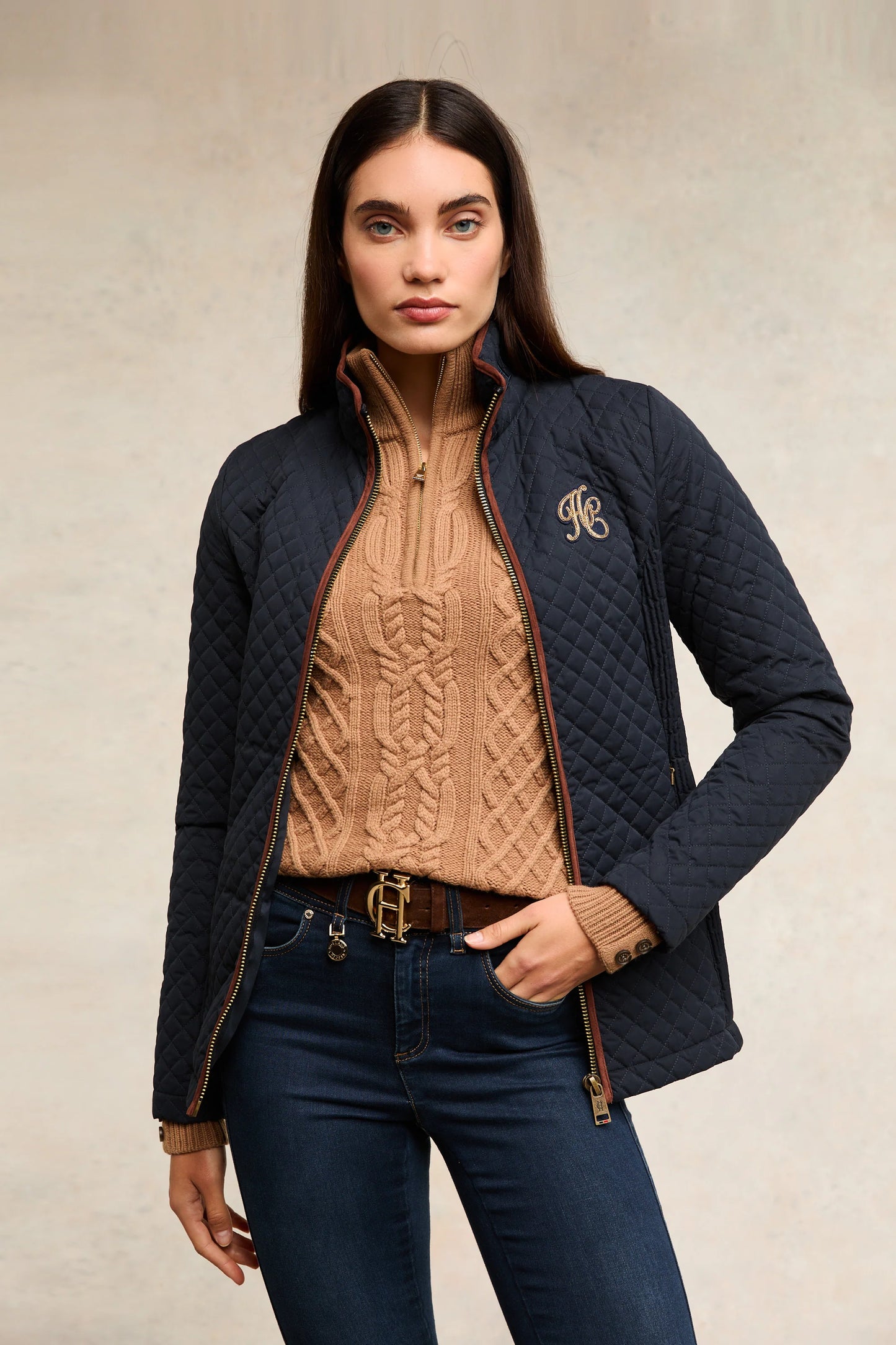 Holland Cooper Diamond Quilted Jacket in Dark Navy/Black/Dark Olive