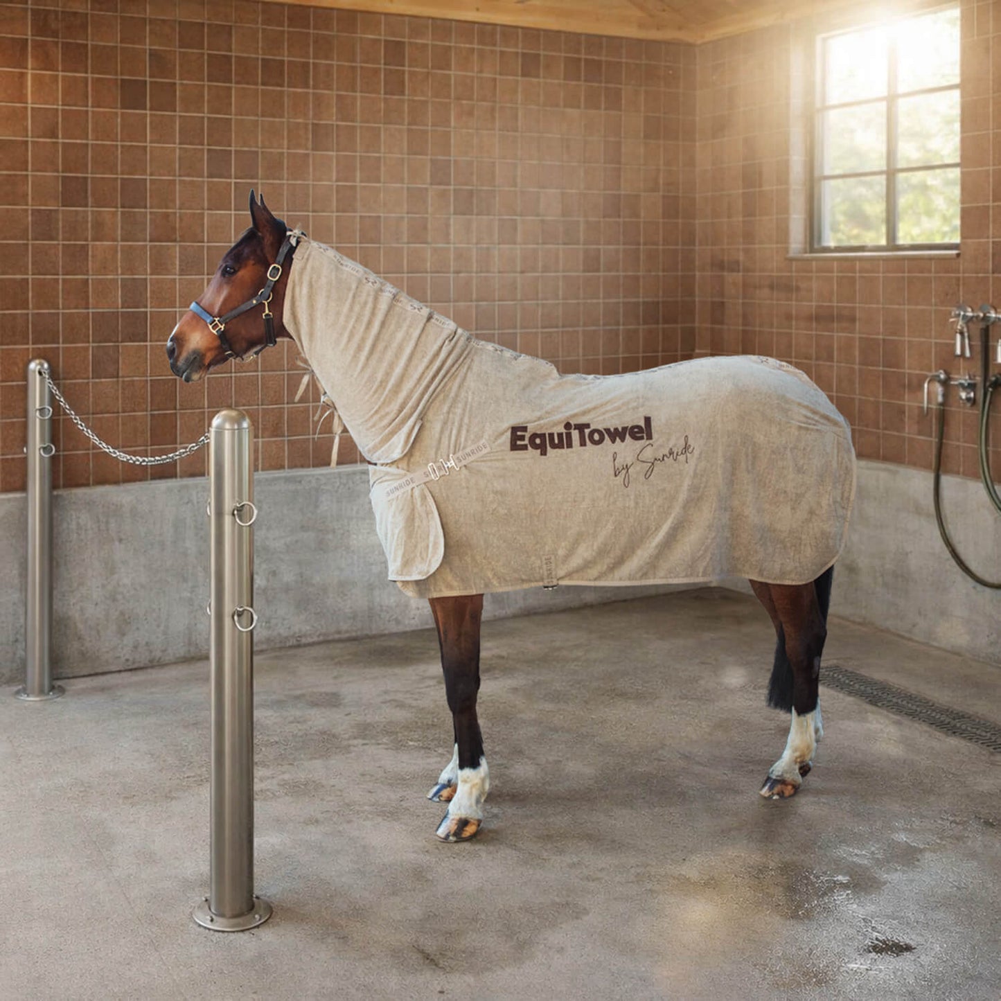 すぐ乾く！バスタオル馬着 ベージュ コットン100%パイル生地 ネックパート付き Sunride