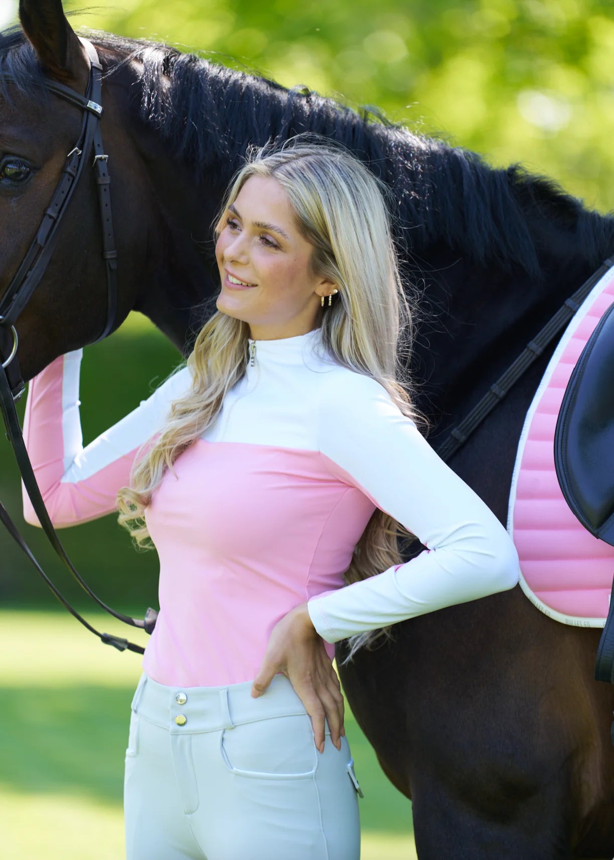 Riding stretch top, long sleeves, women's, Bullet Equestrian design, dark green