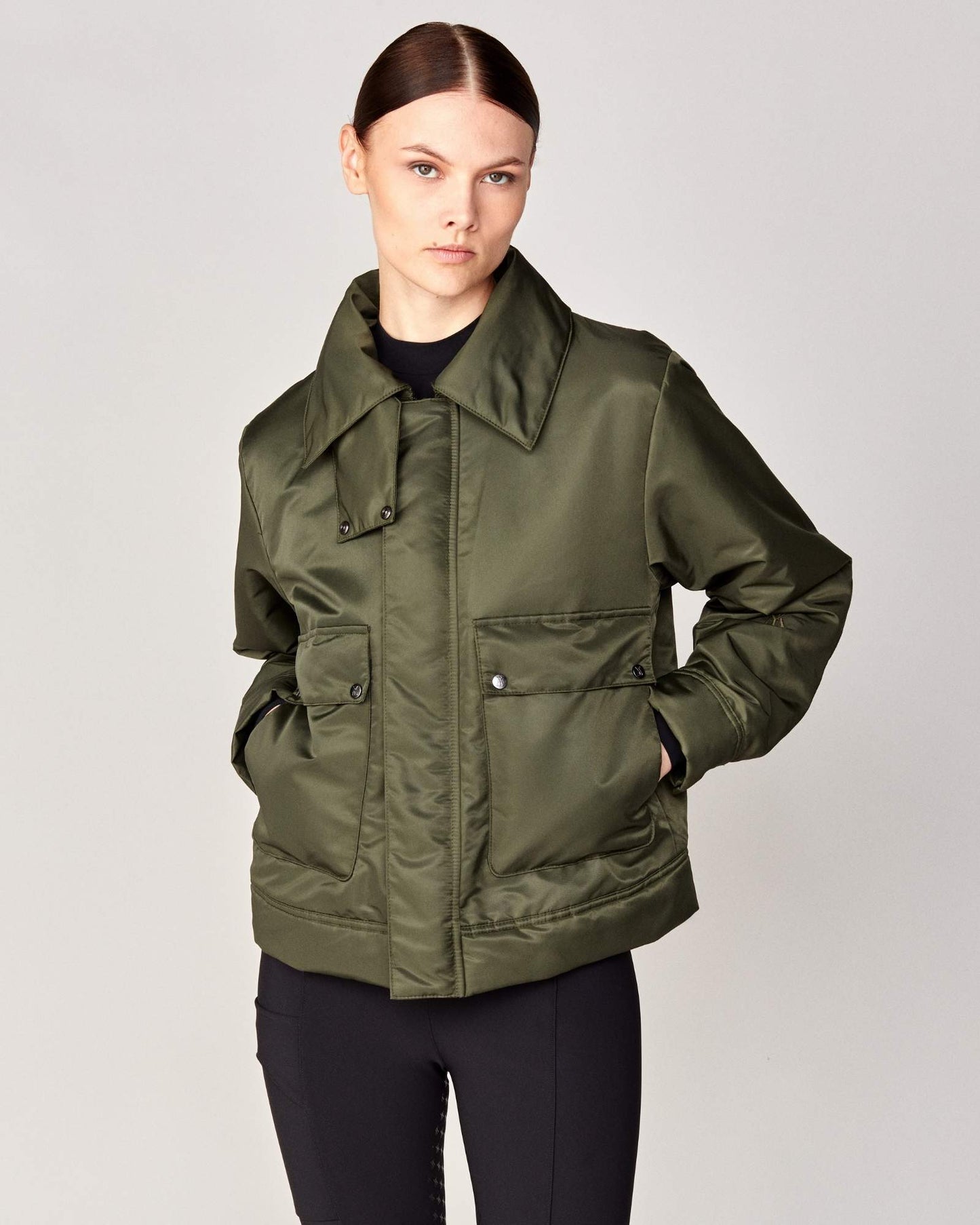 Short oversized jacket with 2-way collar in black/green Yagya