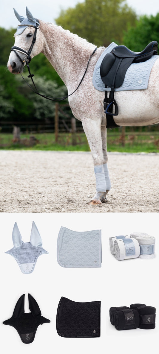 クリスタルキルト馬場用ゼッケン&イヤーネット&肢巻 ブラック/ブルーウイスパー Ps of Sweden