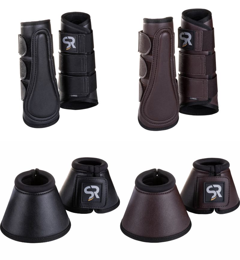 【お得セット】馬場用プロテクター四肢セット&ワンコ 本革 ファーなし ブラック/ブラウン Sunride