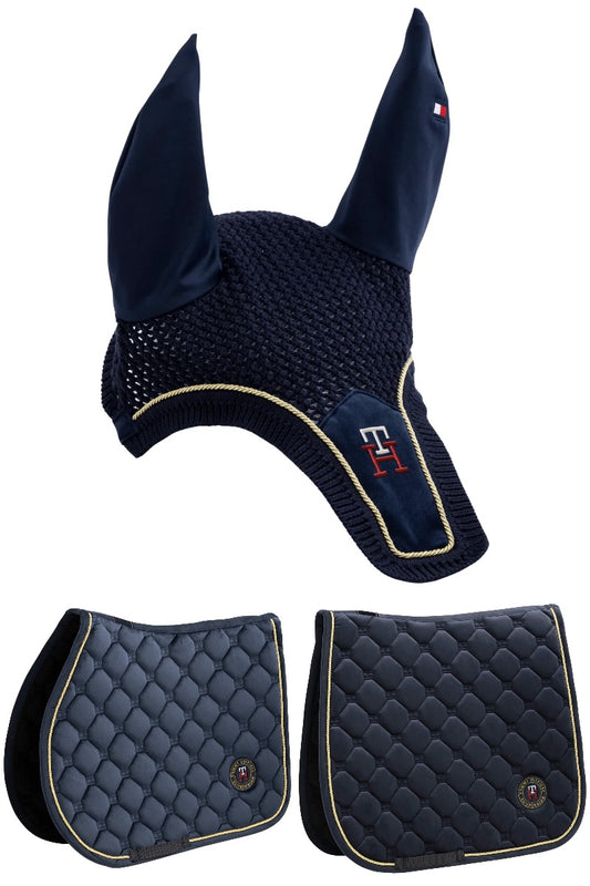 【セット】ベルベットキルティングゼッケン&イヤーネット 障害/馬場 速乾性 ネイビー  Tommy Hillfiger Equestrian