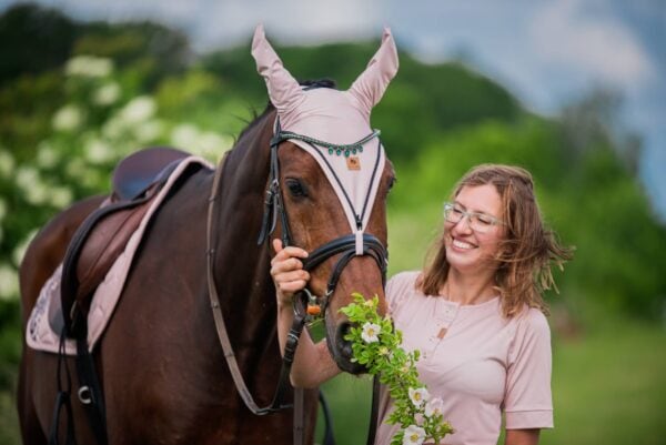 サテンレースサドルパッド ローズベージュ/ブラック 馬場用 障害用 ゼッケン